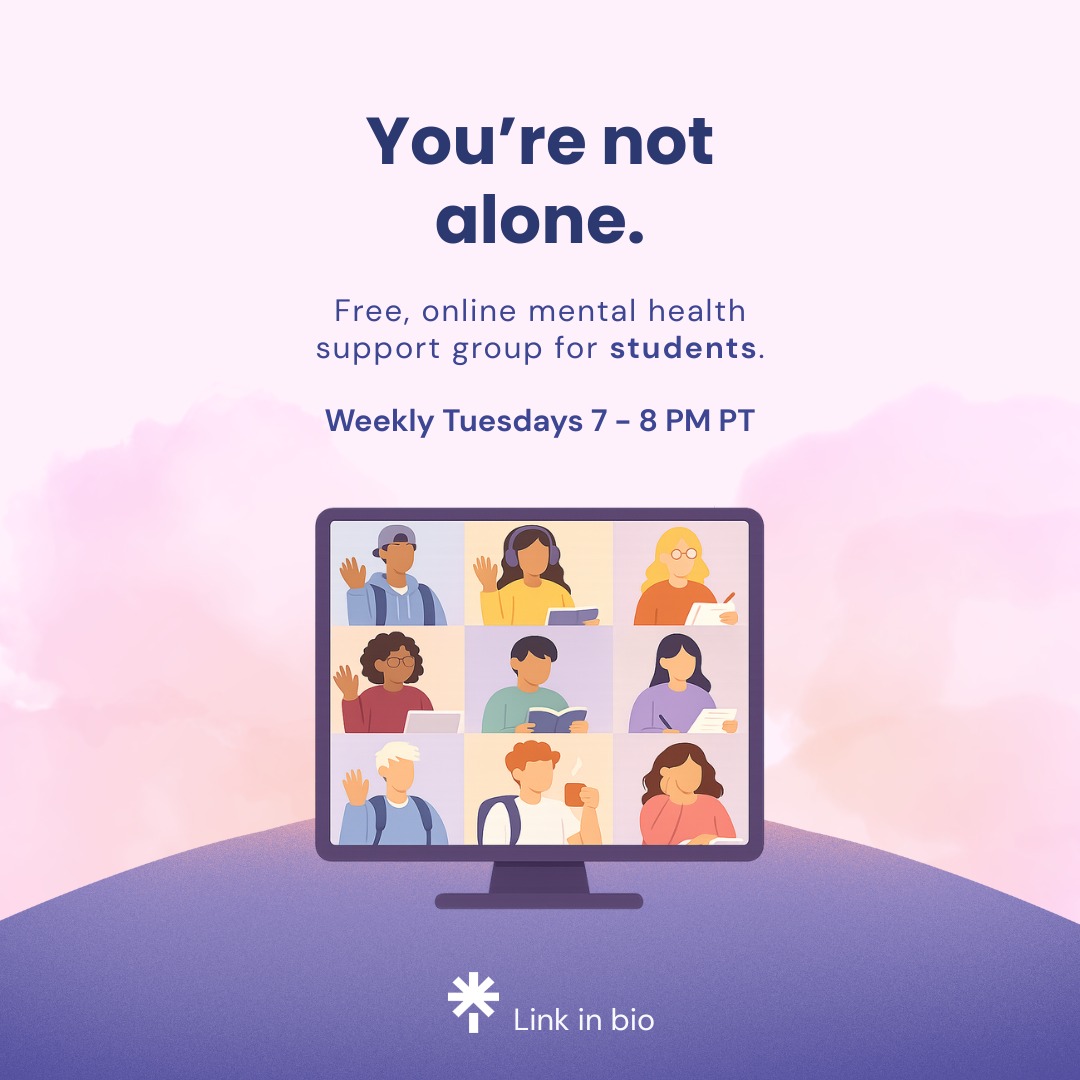 Our student peer support group offers a free, online, confidential space to talk things through with others who understand the pressures of school and life.
🟣 Weekly Tuesdays
🕖 7–8 PM PT
🎓 For post-secondary students
💻 Online • Peer-led • Free
Come as you are. Cameras optional. Participation optional.
✨ Link in bio
#peersupport