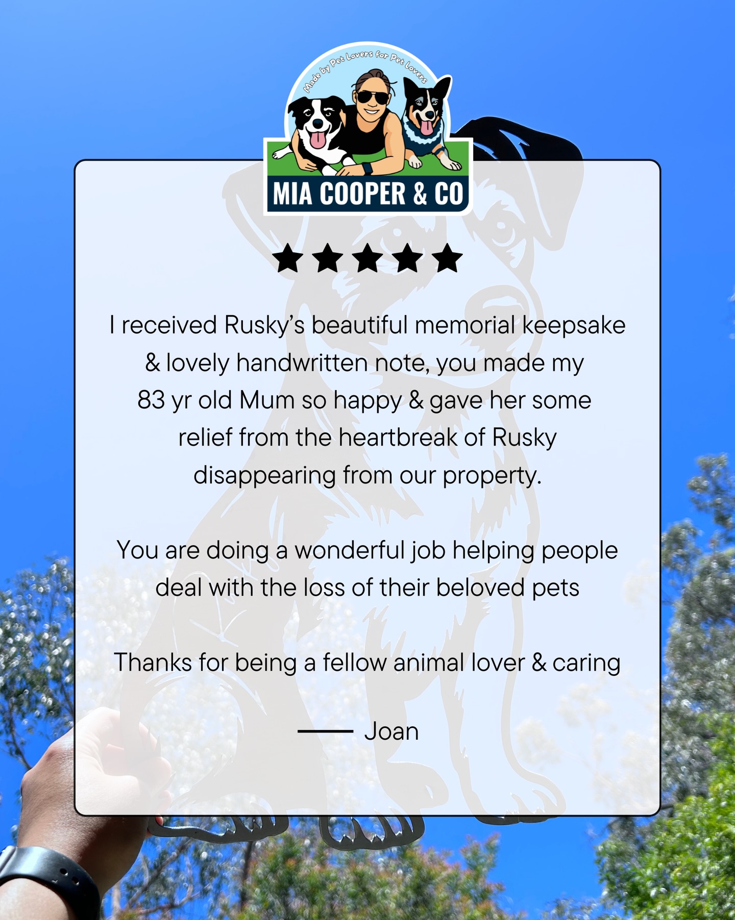 When senior Jack Russell Rusky disappeared from Joan and her 83-year-old mother’s property, the heartbreak was immense. After so many years of companionship, losing a beloved pet leaves an emptiness that words often can’t fill.
Being trusted with a family’s story, their memories and cherished photos is a responsibility we carry with great care. Our team takes a personal interest in every pet memorial we design, and Rusky’s was no different. Creating something to honour a well-loved senior boy felt especially meaningful.
We’re so grateful to Joan for sharing Rusky’s story and for taking the time to write such a kind and thoughtful message. Knowing his keepsake brought some comfort and relief during such a difficult time truly means the world to us. 💛