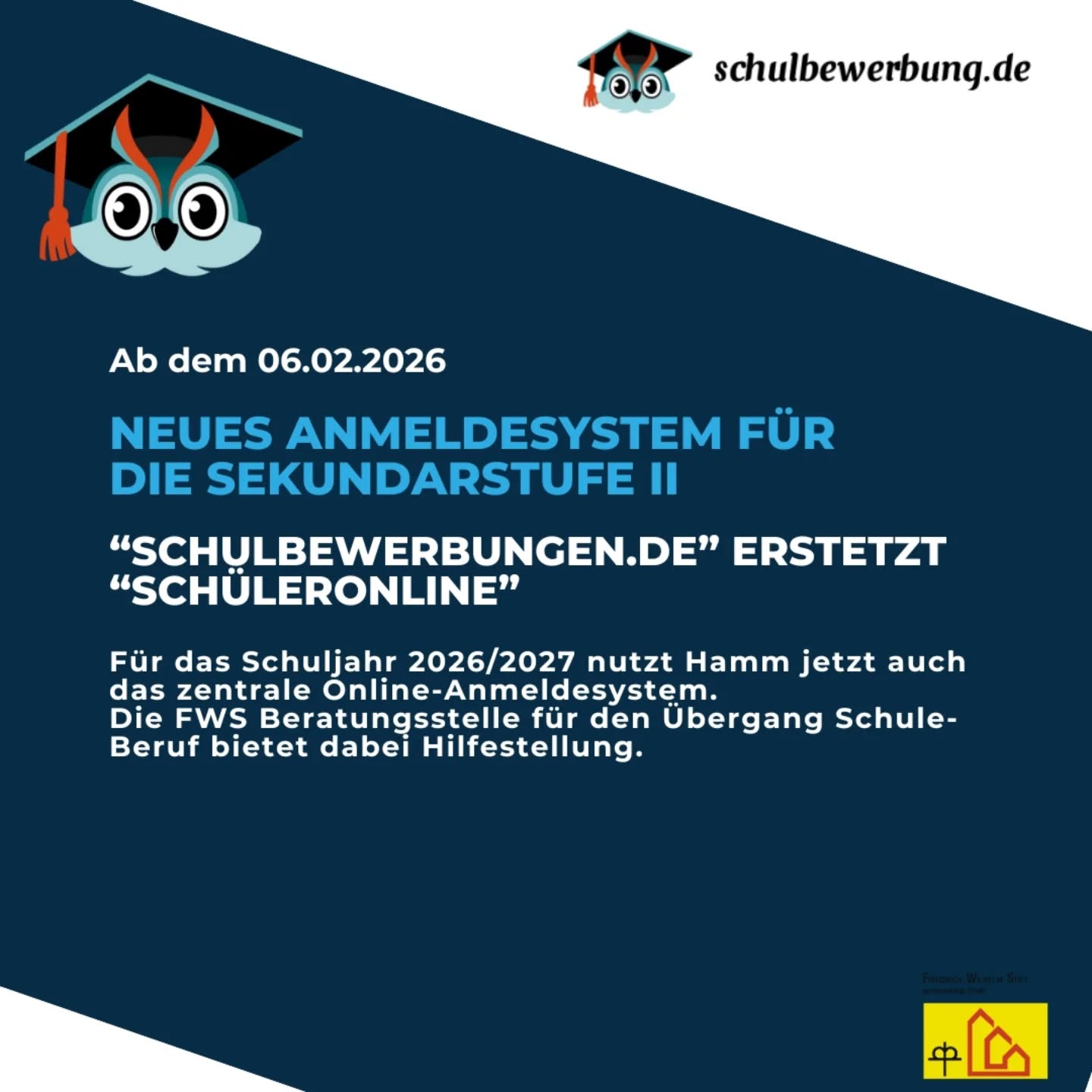 Bereit für den Schulstart für das Schuljahr 2026/2027? 🎓 Unsere FWS Beratungsstelle unterstützt bei der Anmeldung über das neue zentrale Anmeldeportal Schulbewerbungen.de - ab heute bis zum 28.02.2026 ist die Anmeldung möglich.
#fwshamm #Schulstart #schulbewerbung #jugendhilfe #bewerbungshilfe