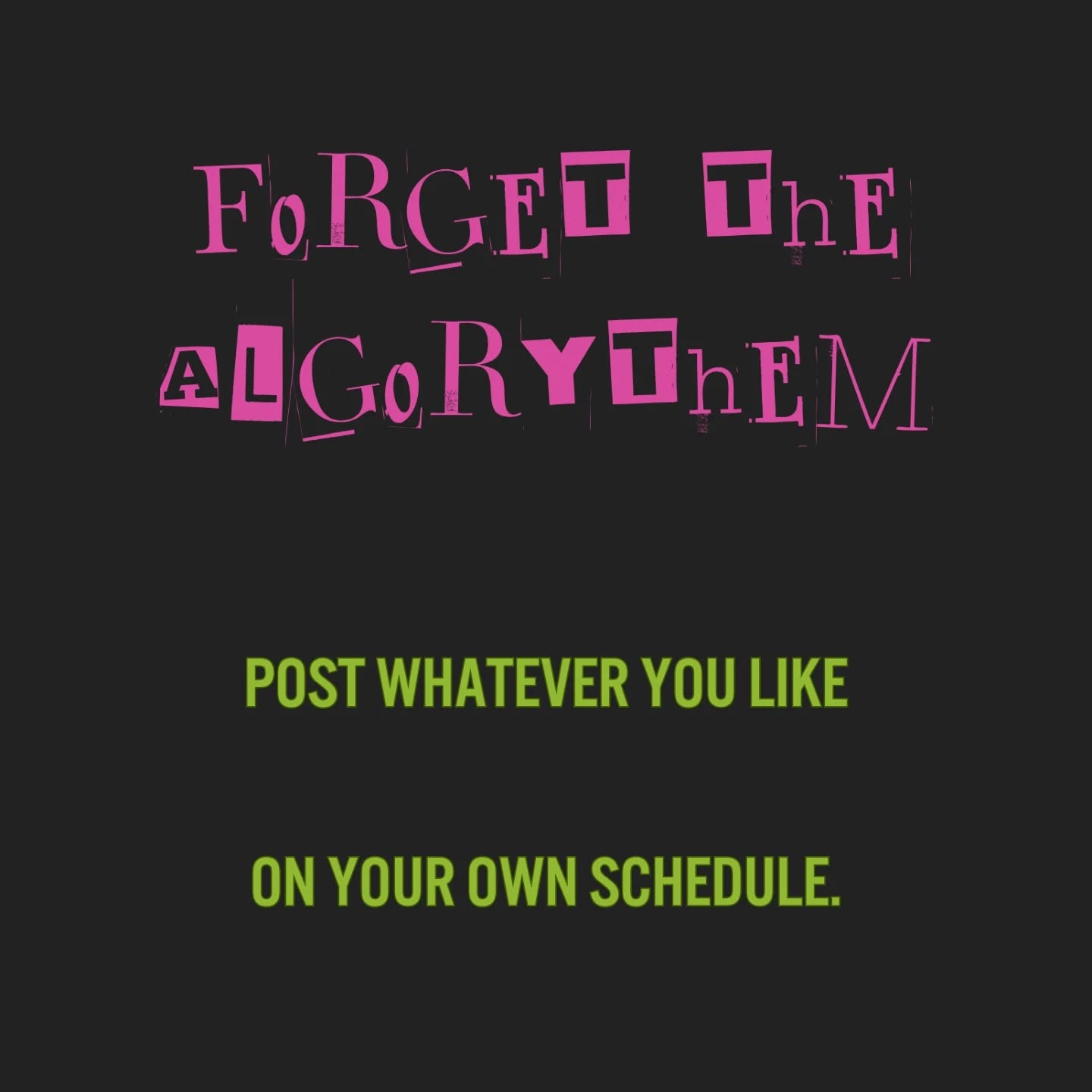 I said what I said.
Image text: forget the algorithm, post whatever you like on your own schedule.