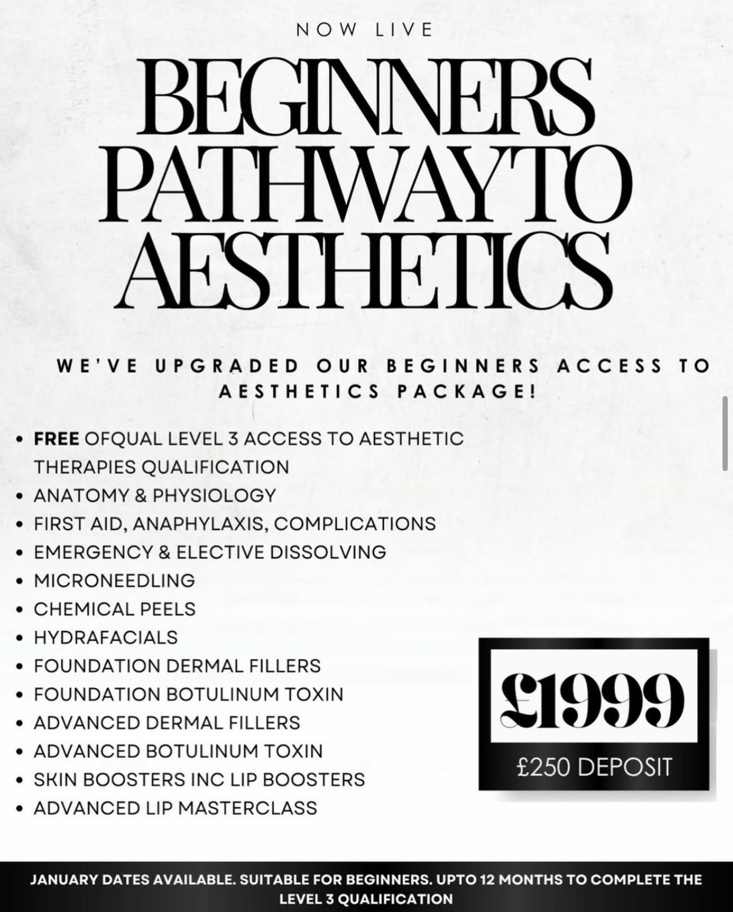 The ultimate Beginners Pathway to Aesthetics is officially here — and this time, we’ve upgraded EVERYTHING.
This full programme is delivered over 6 days of hands-on, confidence-building practical training, designed to take you from complete beginner to safe, skilled and client-ready.
And yes… we’re now including the OFQUAL Level 3 Access to Aesthetic Therapies qualification as standard.
Why? Because cosmetic regulations in England are changing, and qualifications are becoming increasingly important.
You can still legally work with CPD training for now — and begin earning straight away — but the industry is moving toward regulated qualifications, so we’re making sure you stay ahead of the curve, not scrambling later.
Here’s what your pathway includes:
✨ Foundation Dermal Fillers
• Signature lips
• Nasolabial folds
• Marionette lines
✨ Advanced Dermal Fillers
• Cheeks
• Chin
• Jawline contouring
✨ Foundation Botulinum Toxin
• Forehead lines
• Frown lines
• Crows feet
✨ Advanced Botulinum Toxin
• Lip flip
• Smokers lines
• Gummy smile
• Downturned smile
• Dimpled chin
• Masseter slimming
✨ Skin Boosters (non-product specific)
A full techniques-based masterclass focusing on safe, skilled administration, not just branded products.
Plus:
• Anatomy & Physiology
• Complications, First Aid & Anaphylaxis
• Emergency & elective dissolving
• Microneedling
• Chemical Peels
• Hydrafacials
• Advanced Lip Masterclass
• And your FREE Level 3 qualification to future-proof your aesthetic career.
All of this for £1999 with a £250 deposit — one of the UK’s most comprehensive beginner pathways.
💫 If you’ve been dreaming about a career in aesthetics, this is your moment.
Training, qualifications, safety, confidence — everything in one place.
Your future clients are already out there… you just need the skills to serve them.
📲 DM to reserve your space
📞 WhatsApp: 07865 763878
February dates now live — limited spaces available 🤍✨