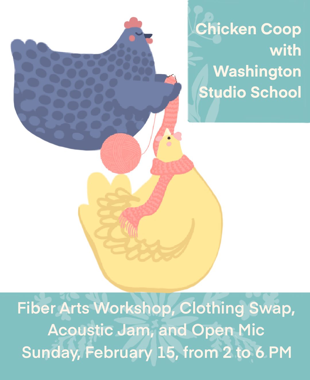Join us at Washington Studio School with the Chicken Coop (@chickencoopdc) on ๐๐ฎ๐ง๐๐๐ฒ, ๐
๐๐๐ซ๐ฎ๐๐ซ๐ฒ ๐๐, from ๐ ๐๐ ๐ญ๐จ ๐ ๐๐. This art collective is a monthly gathering of musicians, performers, and visual artists of all mediums in our community. The Coop is a place to show and create art, meet new artists, and freely exchange ideas and practices. This event includes an ๐๐๐จ๐ฎ๐ฌ๐ญ๐ข๐ ๐ฃ๐๐ฆ and ๐จ๐ฉ๐๐ง ๐ฆ๐ข๐ for musicians, as well as a ๐๐ข๐๐๐ซ ๐๐ซ๐ญ๐ฌ ๐ฐ๐จ๐ซ๐ค๐ฌ๐ก๐จ๐ฉ (๐ต๐ฉ๐ช๐ด ๐ช๐ฏ๐ค๐ญ๐ถ๐ฅ๐ฆ๐ด ๐ค๐ณ๐ฐ๐ค๐ฉ๐ฆ๐ต/๐ฌ๐ฏ๐ช๐ต๐ต๐ช๐ฏ๐จ/๐ฆ๐ฎ๐ฃ๐ณ๐ฐ๐ช๐ฅ๐ฆ๐ณ๐บ).โฃ
โฃ
The Coop will also be holding a ๐๐ฅ๐จ๐ญ๐ก๐ข๐ง๐ ๐ฌ๐ฐ๐๐ฉ! Bring good/gently used clothing, shoes, accessories, etc. to exchange. Remaining goods will be donated.โฃ