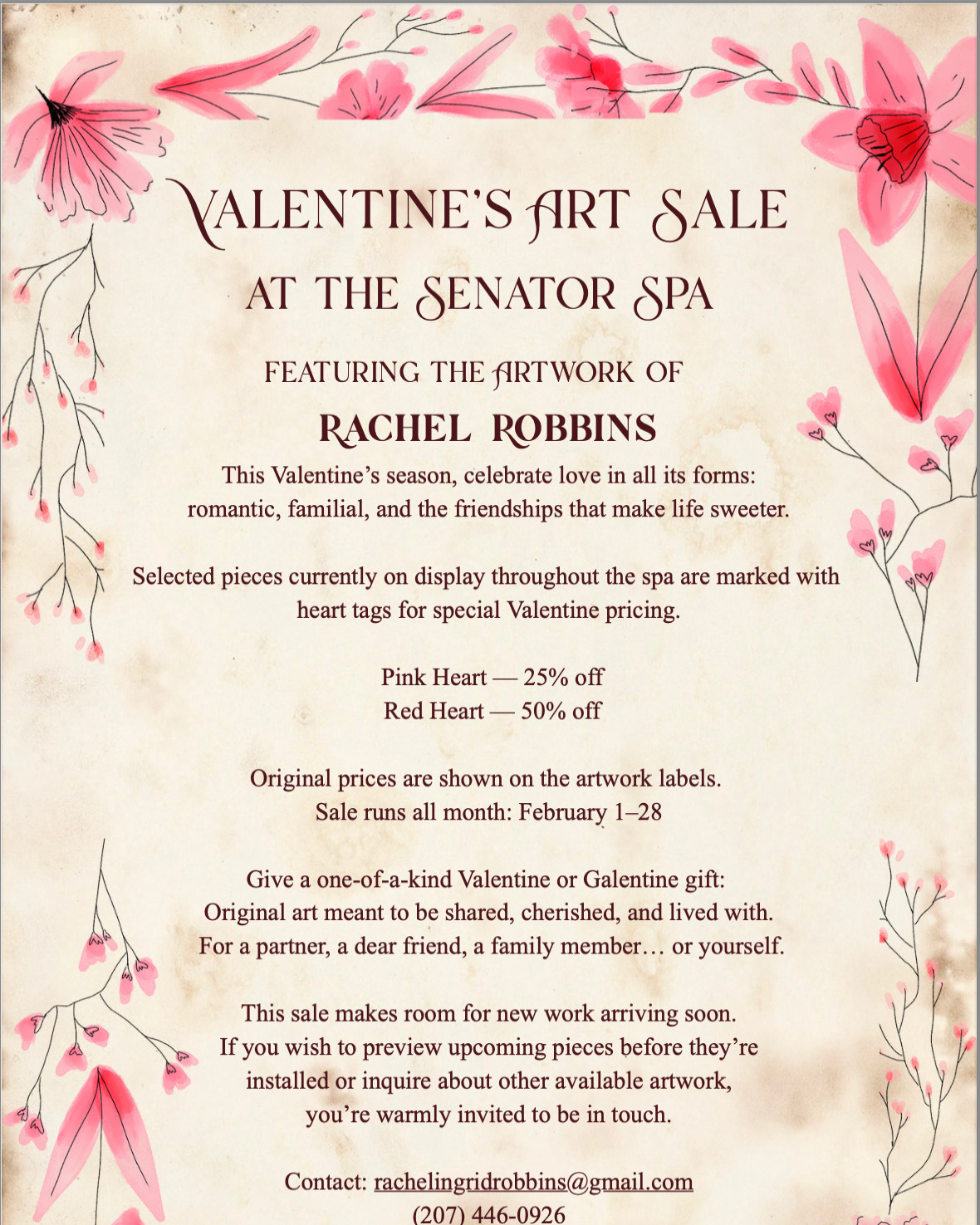 It's time for me to freshen up my art at the Senator Inn & Spa just in time for Valentine's Day! So I'm making space for new work, and holding a 25%-50% off sale on selected pieces of original paintings. If you want to get your sweetpea (or yourself) a truly original gift to be treasured beyond the 14th, here's a good way to go. Maybe treat yourself to a massage while you're there....
@senatorinnandspa
#senatorinnandspa #valentinesgift #giveart #valentinesale #thingstodoinaugustamaine #galentines #valentinesart