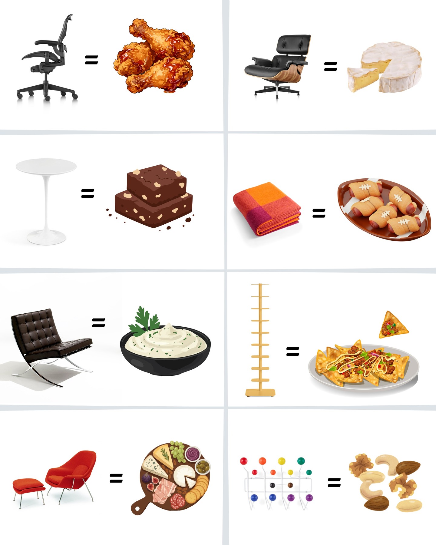Superbowl Sunday is almost here, and we are ready to sink into our favorite @millerknoll pieces to watch the big game. Is there a better way to do this than to pair each piece with our favorite gameday snack?
• The Aeron chair – a staple workhorse and obvious office MVP pairs perfectly with chicken wings
• An elegant and timeless piece like the Eames Lounge Chair reminds us of a decadent baked brie
• No party is complete without a treat, and the silhouette of the Saarinen Tulip Table is simple and sweet like a brownie bite
• The Girard Throw makes us think of cozy, wrapped up pigs in a blanket
• You can’t go wrong with a classic crowd pleaser like the Knoll Barcelona Chair, or spinach artichoke dip
• The Design Within Reach Story Bookcase can be nothing other than a plate of nachos layered high with toppings
• We see the luxurious coziness of the Knoll Womb Chair as perfect match for a refined charcuterie board
• Fun and a little nutty… the Eames Hang It All pairs well with any party snack mix
What’s your favorite furniture and snack duo? 🏈