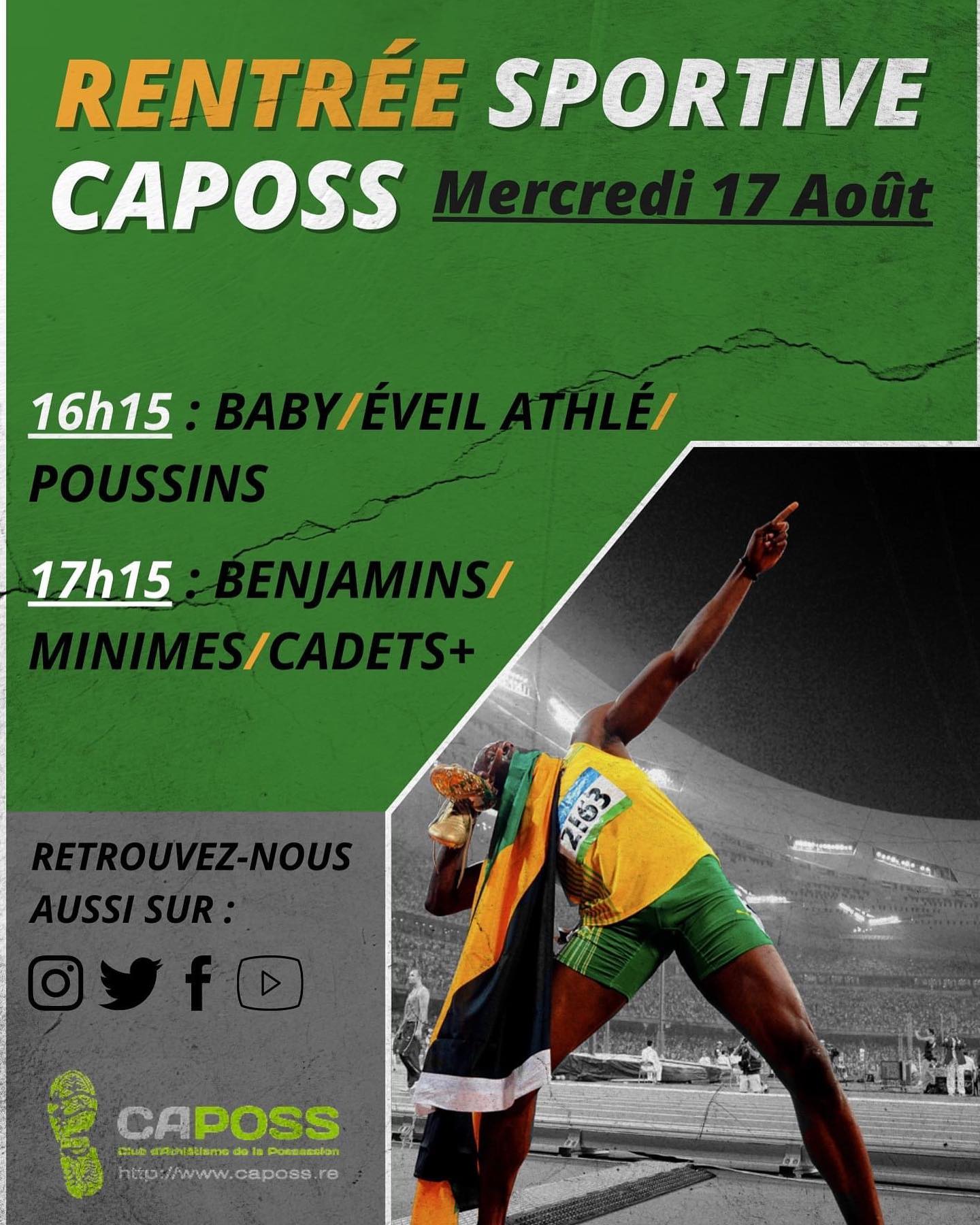 C’est bientôt la rentrée au CAPOSS🏃🏽♀️
Nous t’attendons le mercredi 17 Août a partir de 16h15 pour les enfants nés entre 2018 et 2012.
17h15 pour les 2011 et moins.
#caposs #iledelareunion #athletics #athletisme #trackandfield #ffa #974
#sport #lapossession