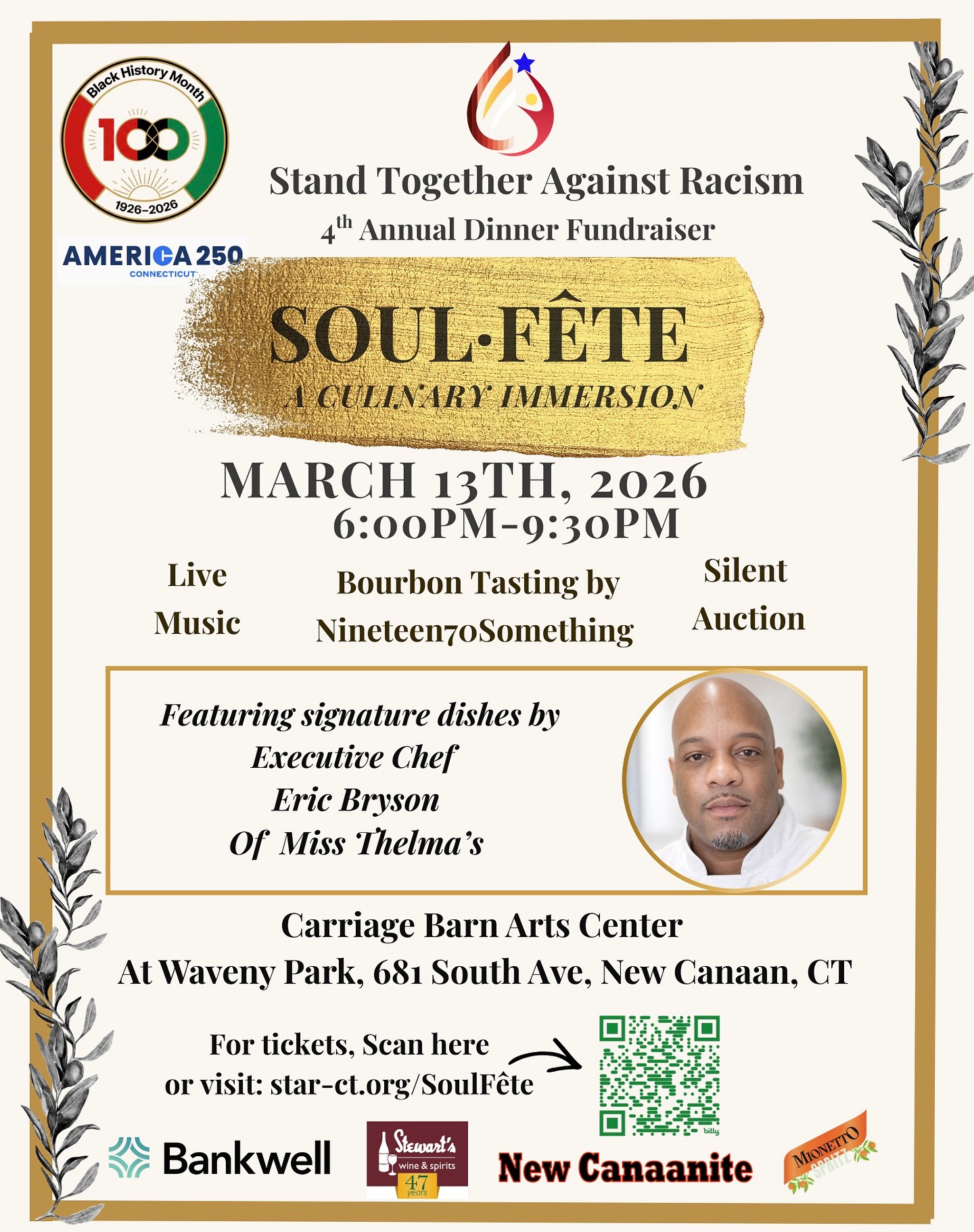 ✨🍽️ An evening you won’t want to miss is coming up!
Join us for Soul • Fête: A Culinary Immersion — the 4th Annual Stand Together Against Racism Dinner Fundraiser.
🗓️ March 13, 2026
🕕 6:00 PM – 9:30 PM
📍 Carriage Barn Arts Center at Waveny Park, New Canaan, CT
Get ready for a night of culture, community, and incredible food featuring signature dishes by Executive Chef Eric Bryson of Miss Thelma’s, plus:
🎵 Live Music
🥃 Bourbon Tasting by Nineteen70Something
🏷️ Silent Auction
This is more than a dinner — it’s a movement. Come stand with us.
🎟️ Grab your tickets at star-ct.org or see link in the bio.
#SoulFete #StandTogetherAgainstRacism #CulinaryImmersion #NewCanaan #BlackHistoryMonth #STAR #FundraiserDinner #SoulFood #CommunityMatters #ConnecticutEvents #CarriageBarnArtsCenter #ChefEricBryson #MissThelmas #CTFoodie #BlackExcellence #america250 #america250connecticut