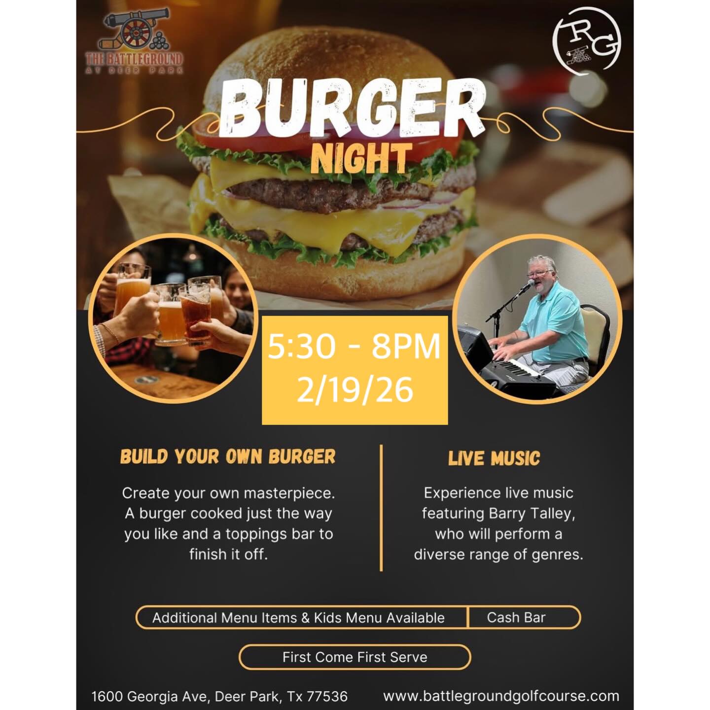🍔🎶 Burger Night + Live Music! 🎶🍔
Join us next week on February 19 for a night of great food and live tunes! Come enjoy delicious burgers while Barry Talley provides the music and good vibes.
Bring your friends and your appetite — it’s going to be a great night!
📅 Date: February 19
🎵 Live Music: Barry Talley
See you there!