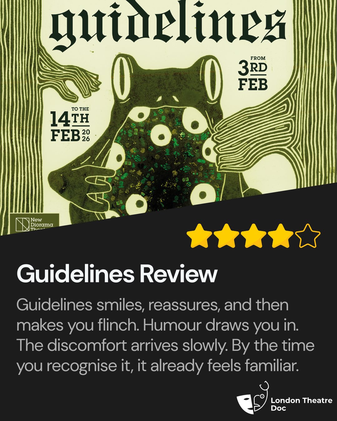 A smart, unsettling piece of theatre that uses humour and familiarity to quietly lower your guard, before asking you to sit with what follows.
Guidelines is uncomfortable in the best possible way.
★★★★
Full review now live. Link in bio.
PR invite, ticket gifted for an honest review.
@newdioramatheatre @conglomerate.biz