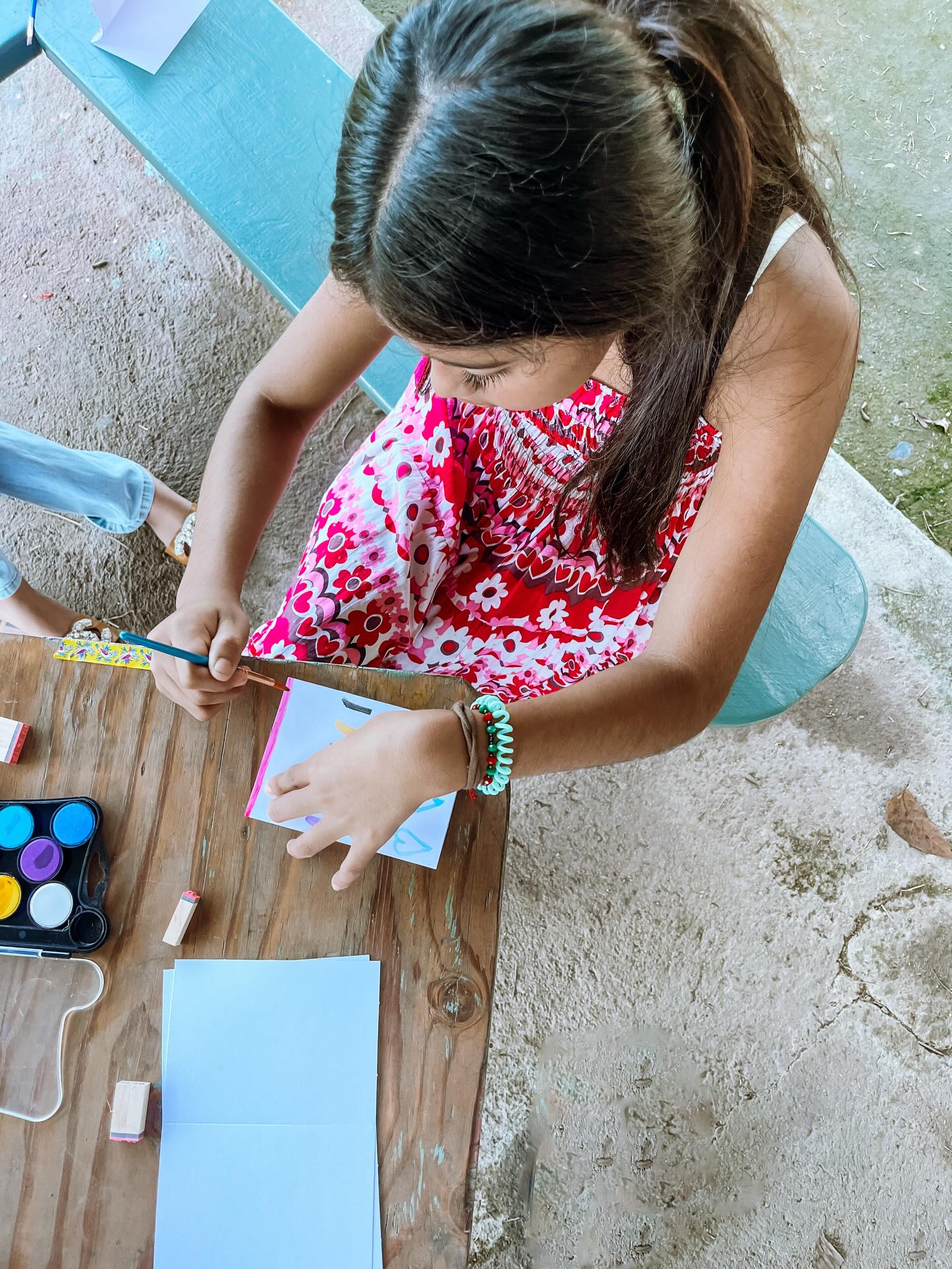 Today we relaunched Club de Chicas- in a community about an hour outside of town. We are working to stay connected with the girls who have aged out of our weekly kids program. We ofter advanced arts and crafts while talking to them about Jesus. Today we used watercolors and stamps to make cards for friends