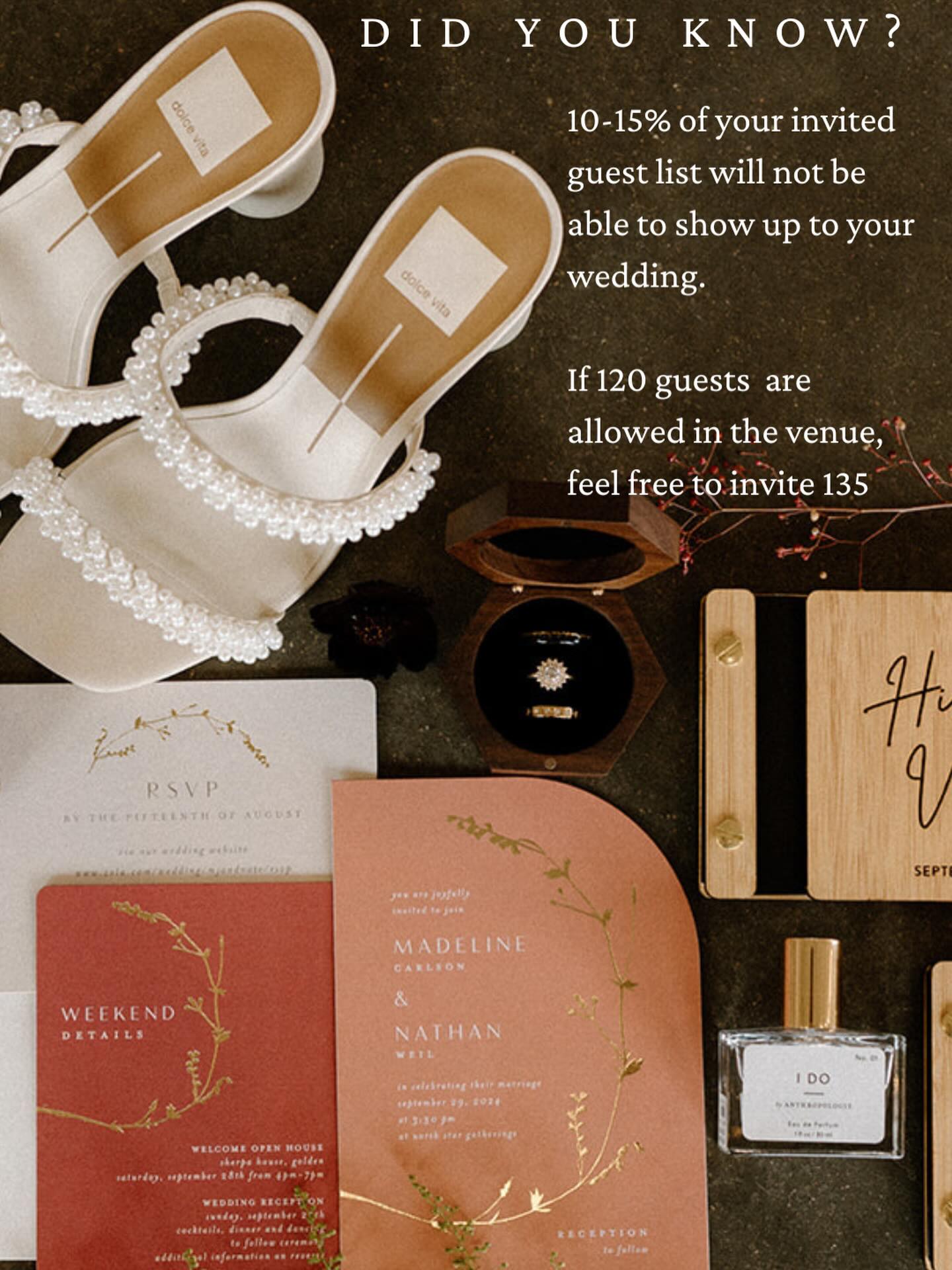 It’s the end of engagement season so we are doing a series on tips and tricks to behind planning your wedding. 🤍
DID YOU KNOW?
On average, 10-15% of invited guests won’t be able to attend your wedding.
Which means if your venue holds 120…inviting 130-135 is usually a safe strategy.
This is one of those behind the scenes planning details couples don’t always hear about, but it can make a big difference when building your guest list and managing expectations.
Planning is part math, part emotion. And we help with both…
Newly engaged couples!! 💍 Save this if you’re working on your guest list
#weddingplanningtips #weddingplanning #weddingeducation #weddingdetails #weddingplanner