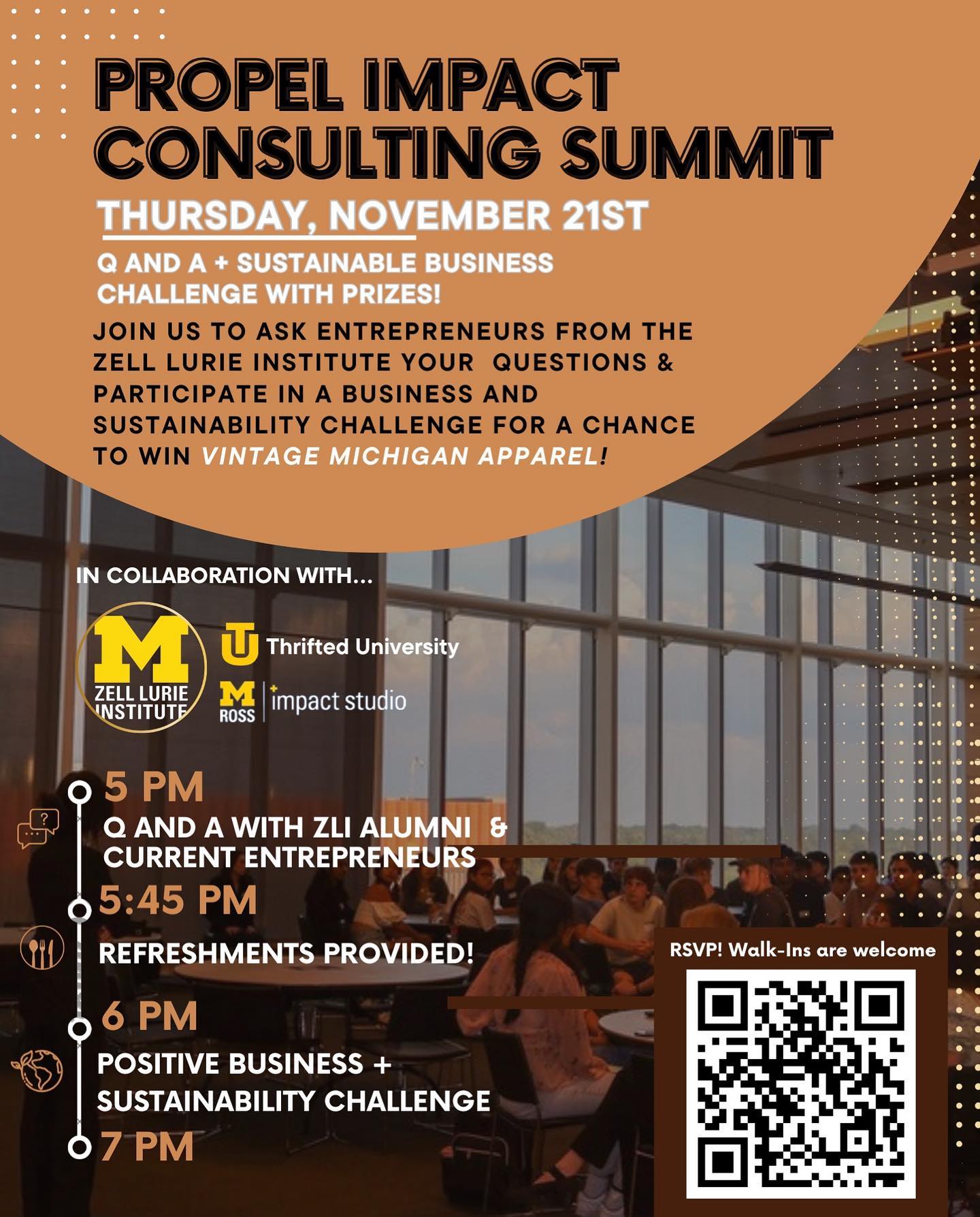 We’re beyond excited to invite you to our first-ever Impact Summit! RSVP using the QR code to secure your spot for a day of dynamic discussions, sustainability workshops, and networking with students from across the University of Michigan. Plus, the opportunity to enjoy exclusive discounts on Thrifted University gear! The event will be held in R2210—mark your calendars and get ready for an unforgettable experience. After you RSVP, all the event details will be added to your Google Calendar. We can’t wait to see you there and help you amplify your social entrepreneurship journey!