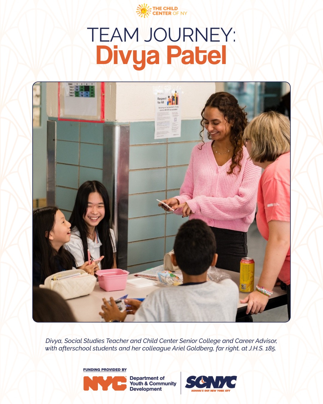 Divya Patel’s journey with The Child Center began at a post-pandemic job fair while she was completing Adelphi University’s Scholar Teacher Education Program. Drawn to our mission and to the vibrant, diverse community at J.H.S. 185, she joined the SONYC afterschool program as a youth advocate, helping middle schoolers build academic and social-emotional skills through the Steps to Success curriculum.
As a proud daughter of Indian immigrant parents and a first-generation American raised in Queens, Divya understands firsthand the experiences of many of the students and families she serves. Today, she’s a sixth-grade social studies teacher at J.H.S. 185 and continues her work with The Child Center as a Senior College and Career Advisor, building relationships that extend far beyond the classroom.
Her story is a powerful reminder that when young people feel safe, seen, and supported, futures take shape. We’re so proud to be part of Divya’s journey, and grateful she’s part of ours!
Read Divya's full story: childcenterny.org/post/team-journeys-sonyc-at-j-h-s-185
