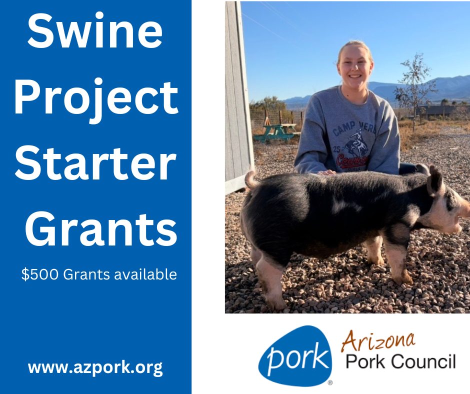 Are you looking to show a pig in your Fall County Fair? We want to help!! Youth who will be participating in a Swine Project for the 1st time can apply for our Swine Project Starter Grant Cycle 2. Applications are open until May 31st! Application and details can be found at https://www.azpork.org/grant-cycle-two