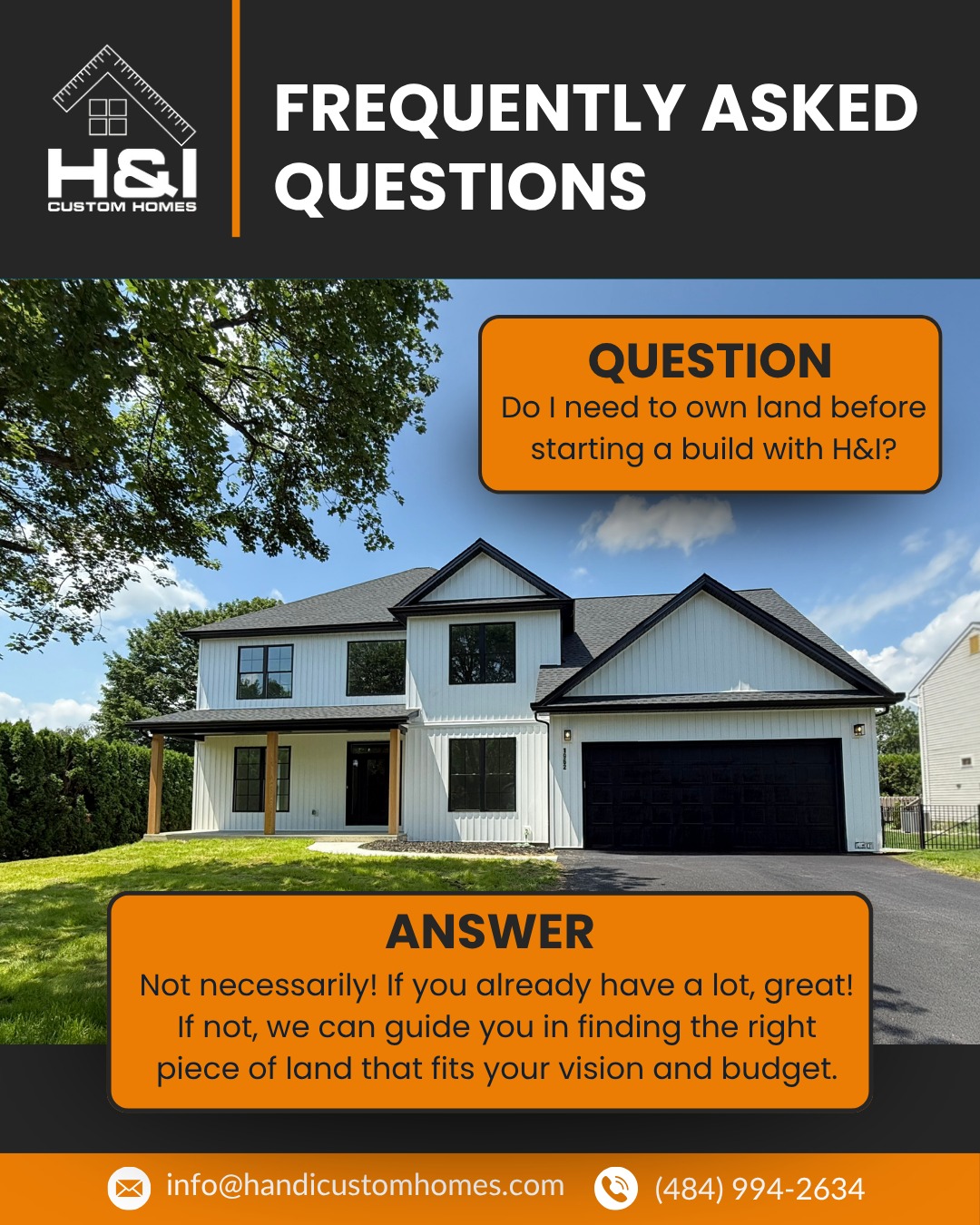 Whether you already have a lot or need help finding one, we guide you through the entire process — from land selection to final build.
That’s the H & I difference: full-service custom building.
Have more questions? Drop them below 👇
#handicustomhomes #customhomes
