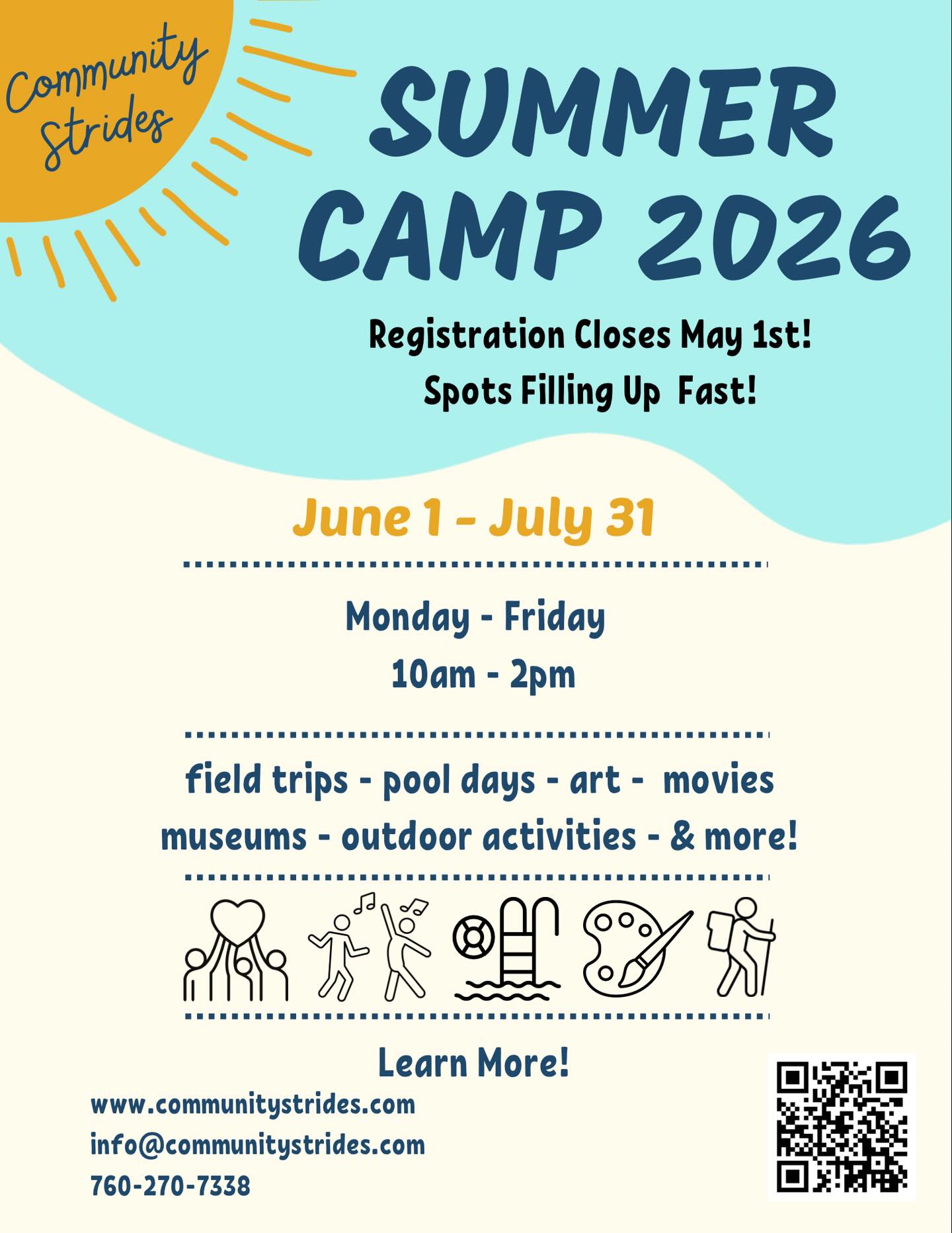 Community Strides Summer Camp 2026 is HERE!
Think field trips, pool days, art, movies, museums, outdoor adventures — and lots of fun + connection along the way 💛
🗓 June 1 – July 31
⏰ Mon–Fri | 10am–2pm
🚨 Registration closes May 1st & spots are filling FAST
If you’ve been thinking about it… this is your sign 👀
👉 Tap the link / scan the QR code to register now before we’re full!
#CommunityStrides #SummerCamp2026 #InclusiveSummer #RegisterNow #SpotsFillingFast SummerFun