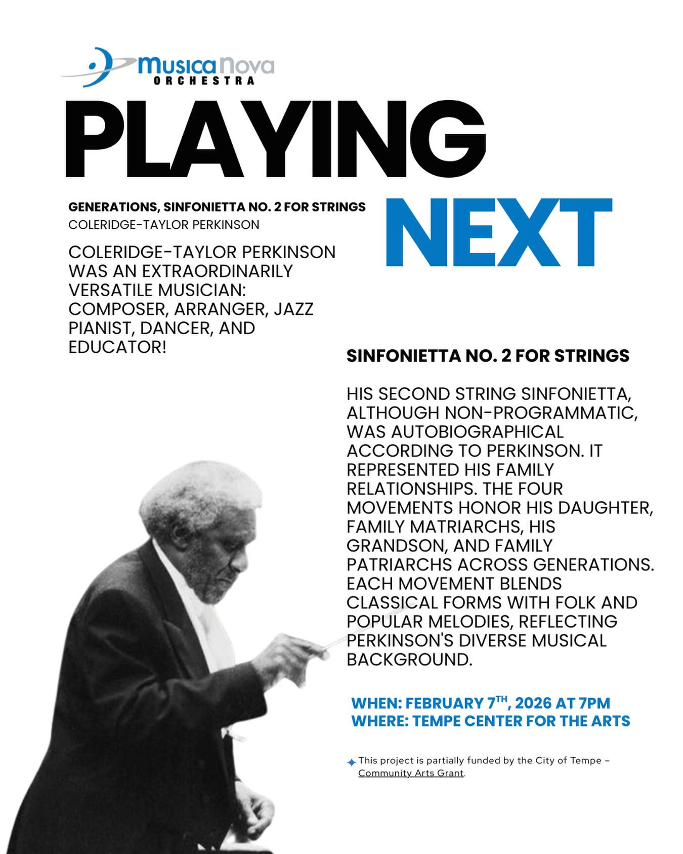 An homage to the generations that came before, Coleridge-Taylor Perkinson connects the past and the present through his incredible Sinfonietta No. 2 for Strings. Joins us this Saturday, February 7th at Tempe Center for the Arts for this exciting program! Visit musicanovaaz.org for tickets or use the link in bio! #classical #tempe #strings #greaterphoenix #coleridgetaylorperkinson