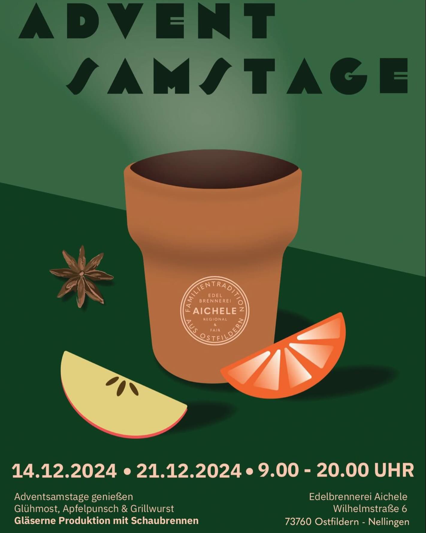 Adventsamstage genießen 💫🎄🕯️
Auch dieses Jahr haben wir wieder an den Adventssamstagen lange für euch geöffnet.
Wir freuen uns auf euch, wenn ihr zum Shoppen, Verkosten und Genießen vorbeischaut.
Es wird wieder Glühmost, Apfelpunsch und Grillwurst geben. Sowie gläserne Produktion mit Schaubrennen.
#EdelbrennereiAichele #Adventssamstag #Advent #Regional #Glühmost #Ostfildern #Esslingen