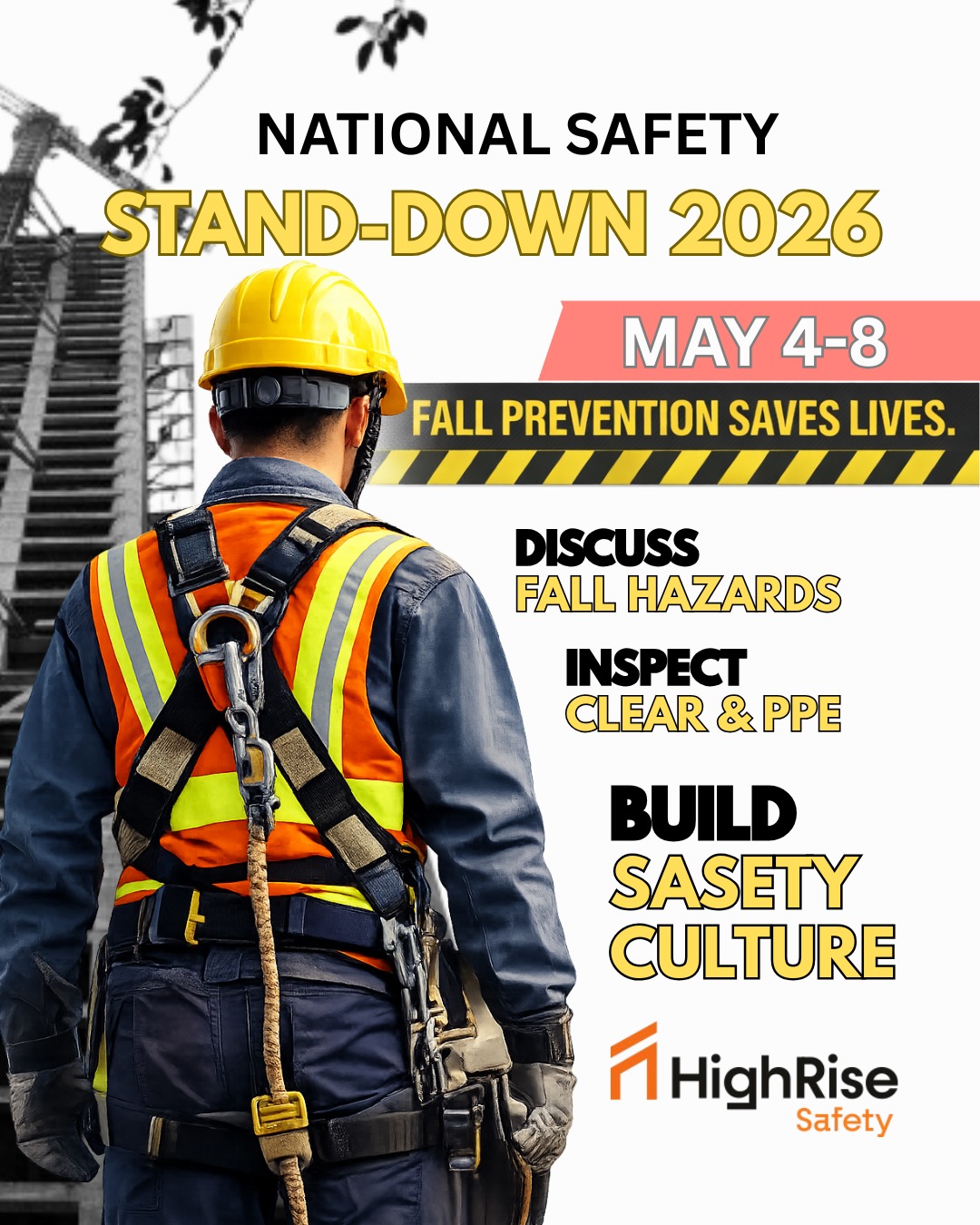 🚧 National Safety Stand‑Down 2026: May 4–8 🚧
Fall prevention saves lives!
Take a moment on your job site to:
✅ Talk about fall hazards
✅ Check your equipment
✅ Strengthen safety culture
Even a short safety talk can prevent injuries.
#OSHA #SafetyStandDown #ConstructionSafety #highrisesafety
www.highrisesafety.com