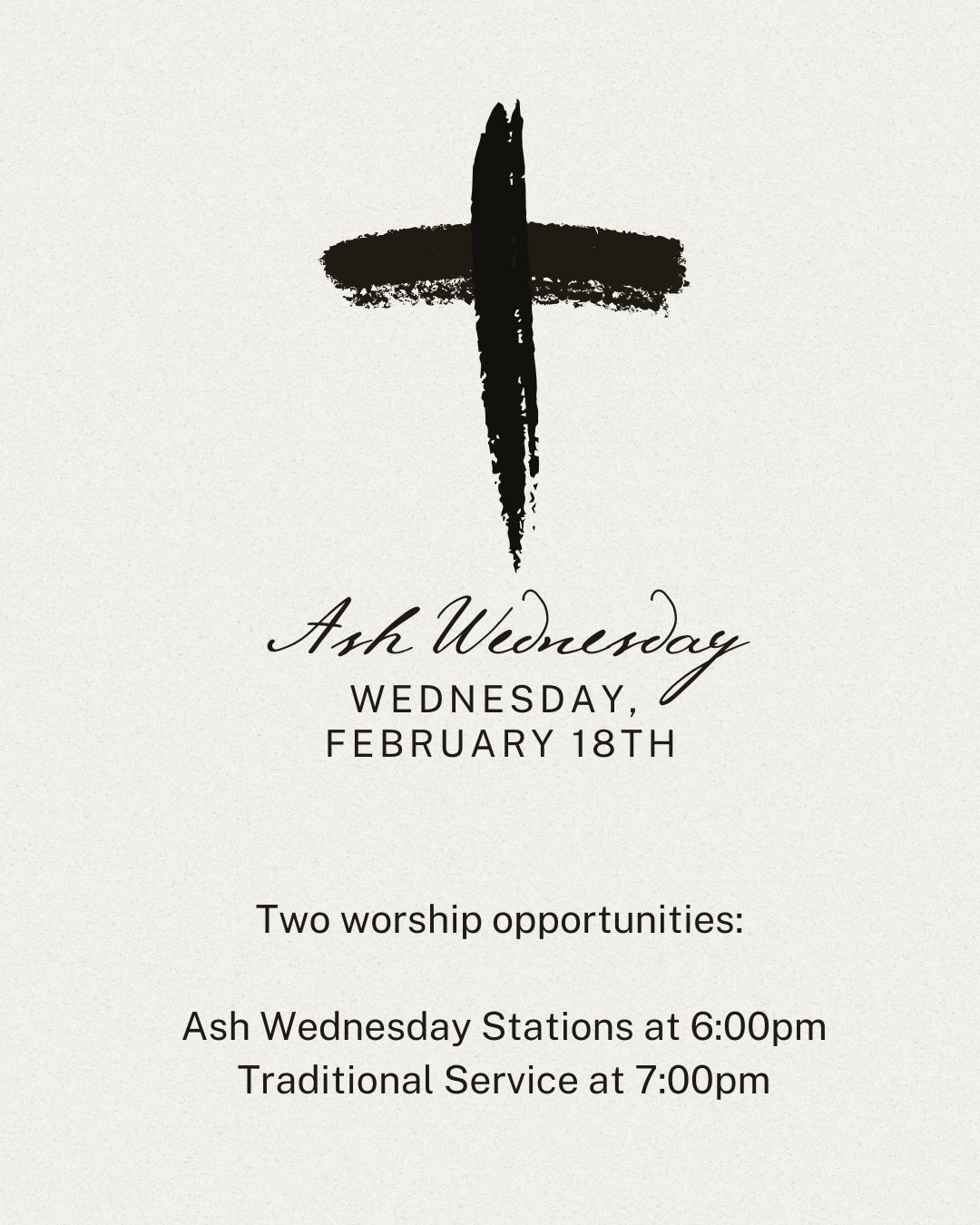 Ash Wednesday is almost here. 🌿
We’re offering two ways to begin Lent:
✨ 6 PM – Sensory Prayer Stations (Fellowship Hall)
🕯️ 7 PM – Traditional Service (Sanctuary)
Come to one or both. Come as you are.
Let’s begin this sacred season together. ✝️
#AshWednesday #Lent #ComeAsYouAre