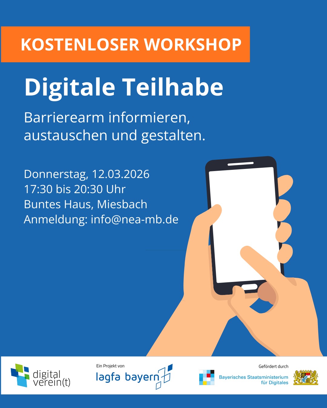 Digitale Teilhabe: Barrierearm informieren, austauschen und gestalten
Gemeinsam mit unserem Projekt Inklusion im Engagement – Landkreis Miesbach und dem Projekt digital verein(t) laden wir am 12. März 2026 zu einem kostenfreien Workshop ein. Dabei geht es darum, wie digitale Angebote so gestaltet werden können, dass möglichst alle Menschen erreicht werden. Im Fokus stehen barrierearme Webinhalte für Websites und soziale Medien, der Einsatz leichter Sprache sowie einfache Möglichkeiten, die eigene Website auf Barrierefreiheit zu überprüfen.
Der Workshop richtet sich an Vereine, Engagierte und alle, die digitale Kommunikation inklusiver und niedrigschwelliger gestalten möchten. Anhand konkreter Beispiele und digitaler Werkzeuge wird gezeigt, wie sich das Gelernte direkt in die Praxis umsetzen lässt.
Wo:
Buntes Haus, Rathausstr. 10, Miesbach
Wann:
Donnerstag, 12.03.2026, 17:30 bis 20:30 Uhr
Die Teilnahme ist kostenlos. Getränke und kleine Snacks stehen bereit. Die Plätze sind begrenzt.
Anmeldung per Mail: info@nea-mb.de
Mehr Infos: www.nea-mb.de
digital verein(t) ist ein Projekt der lagfa bayern e.V. in Kooperation mit Deutschland sicher im Netz e.V. und wird durch das Bayerische Staatsministerium für Digitales gefördert.
Das Projekt Inklusion im Engagement – Landkreis Miesbach ist Teil der bayernweiten Reihe „Inklusion im Engagement“ der lagfa bayern und wird gefördert vom Bayerischen Staatsministerium für Familie, Arbeit und Soziales.