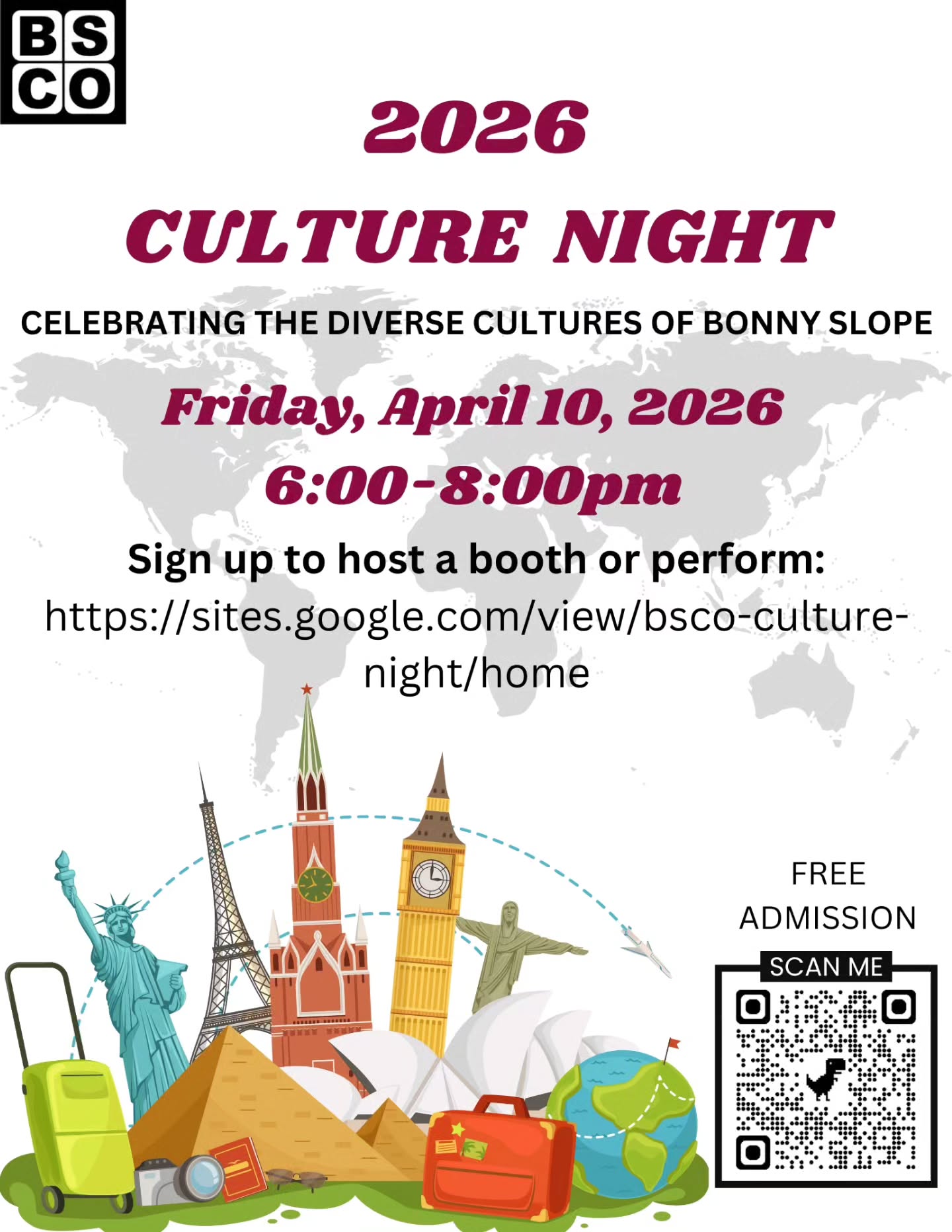 Bonny Slope’s Culture Night is on Friday, April 10, from 6-8pm at the school.
If you would like to perform or host a booth to represent your culture, please fill out the form on our website by the end of this week!
https://sites.google.com/view/bsco-culture-night/home