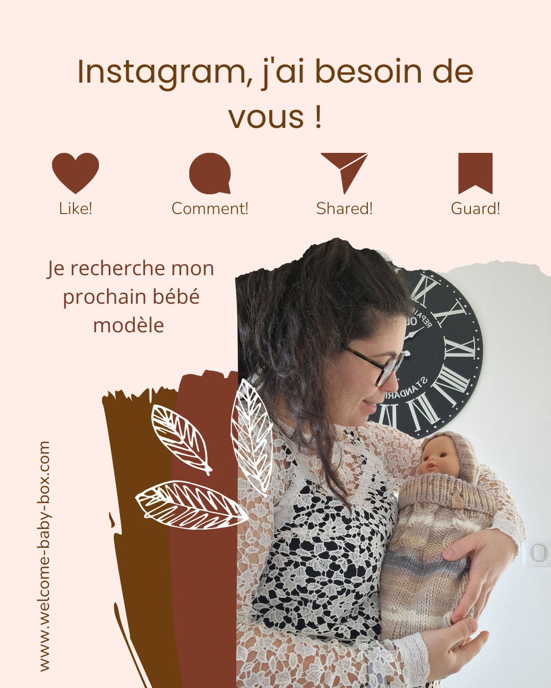 Instagram, j’ai besoin de vous 🤍
Je recherche un bébé taille 0/3 ou 3/6 mois pour porter l’un de mes bonnets faits main et devenir modèle pour la marque 🫶
🎁 Bonnet offert
📸 Pas besoin de se déplacer : il suffit de m’envoyer de jolies photos
🤍 Le visage peut être flouté ou photos prises de dos
📄 La collaboration / modèle sera encadrée par un contrat
🇫🇷 Appel ouvert dans toute la France
✨ Les places sont limitées.
👉 Pour recevoir toutes les informations et proposer ton bébé,
envoie-moi un message privé.
#appelmodele #bebe2025 #modelebebe #collaborations #artisanatfrancais universbébé parentalité jeunesparents futuresmamans bonnetbébé