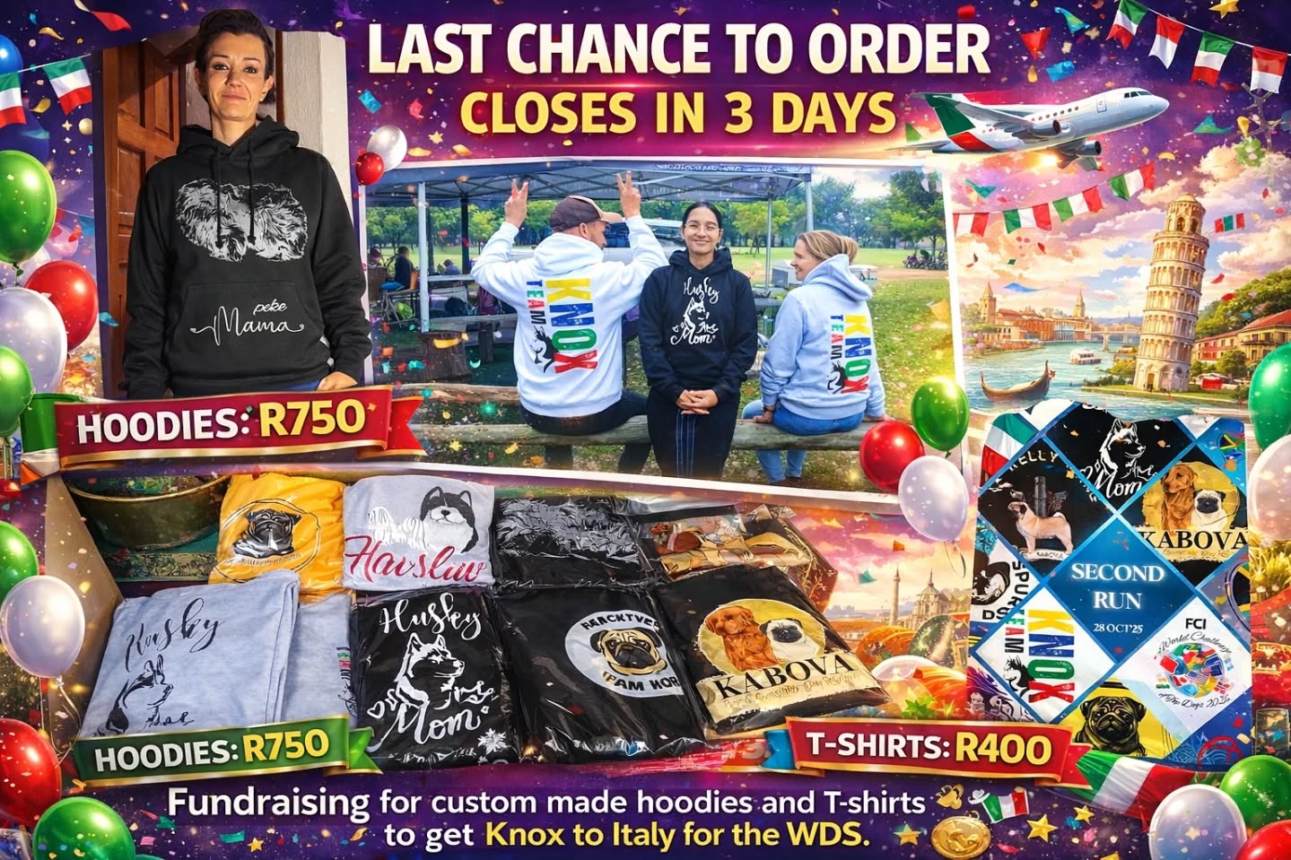 Last chance!!! 3rd and final run of hoodies & t-shirts! Closes 10th Feb get your orders in asap no orders will be processed after the 10th Feb.
Proceeds go to the Knox Fund
#wds2026🇮🇹 ##italy2026 #knox #worldchallengeoftopdogs2026