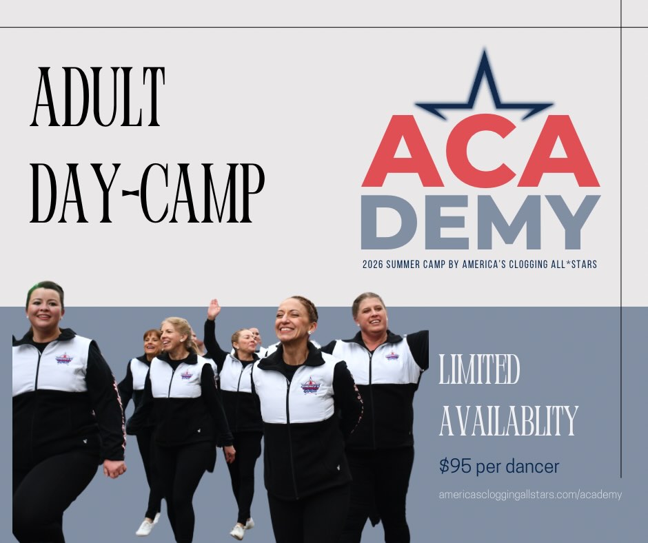 By Popular Request… It’s Here! ACA Adult Day-Camp 🎉
This summer at ETSU, we’re bringing the energy, community, and excellence of ACA to our cloggers with a special One-Day Adult Camp Experience!
For just $95, you’ll receive:
✅ A full day of clogging instruction
✅ Classes taught by 5 National Championship-winning instructors
✅ Technique, choreography, and skills for every adult level
✅ A supportive, high-energy, no-pressure environment
✅ A commemorative Camp T-Shirt 👕
✅ The opportunity to grow, sweat, laugh, and reconnect with why you love to dance
💃 Why You Should Join Us?
This isn’t just another workshop. It’s:
✨ A day designed specifically for adult dancers
✨ A chance to train with some of the very best in the country
✨ A community of passionate cloggers who “get it”
✨ A refreshing summer getaway in beautiful East Tennessee
✨ Time to reconnect with your own dancing — just for YOU
Whether you’re competitive, recreational, or somewhere in between, this day is about celebrating the joy of clogging at every stage of life.
🌄 Make It a Mini Getaway!
Johnson City and the surrounding East Tennessee area offer:
• Beautiful mountain views
• Great local restaurants and coffee shops
• A charming downtown atmosphere
• The perfect excuse to gather your dance friends and make a weekend of it
Come for the clogging.
Stay for the fellowship.
Leave inspired.
🎟️ Adult Spots are limited, so
grab your dance shoes, call your friends, and join us at ETSU for a day that’s all about YOU.
www.americascloggingallstars.com/academy