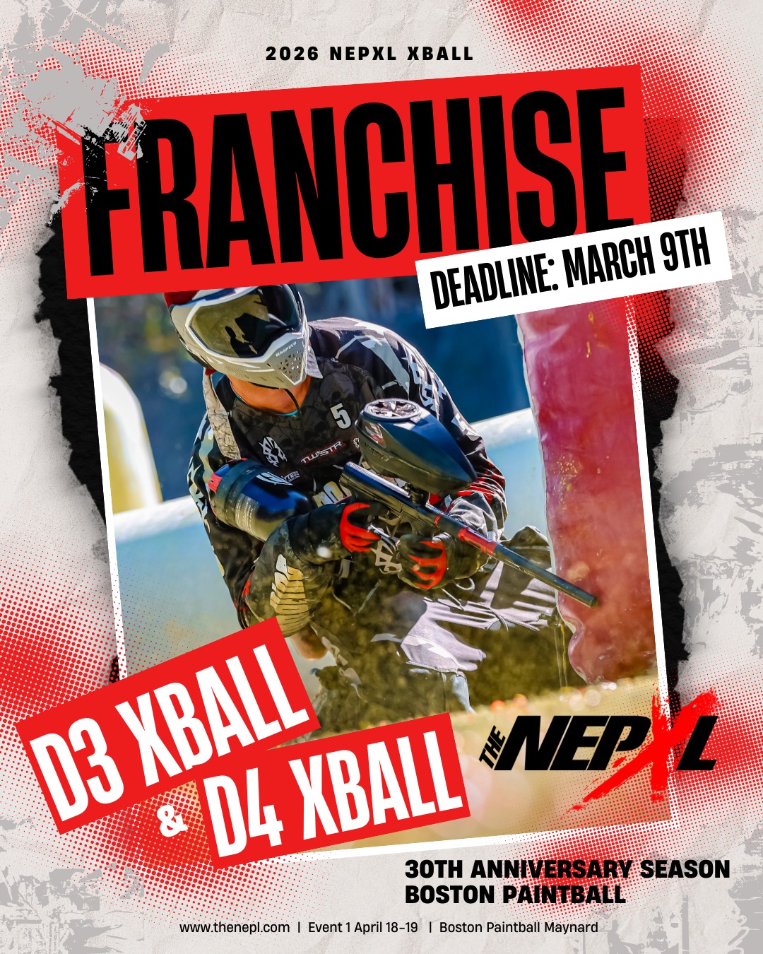 Year 30 starts soon.
The 2026 NEXL franchise deadline is March 9 before late fees begin.
Franchising locks in:
• Lower entry fees
• Lower paint pricing
• Jersey subsidies
• Practice discounts
• Storm Chaser membership
• Season prizes and 30 Year Champion Rings
Franchise teams also help shape decisions as we finalize the season.
D3 & D4 XBall
Boston Paintball – Maynard
#NEXL #NEPXL #Paintball #XBall #bostonpaintball@bostonpaintball