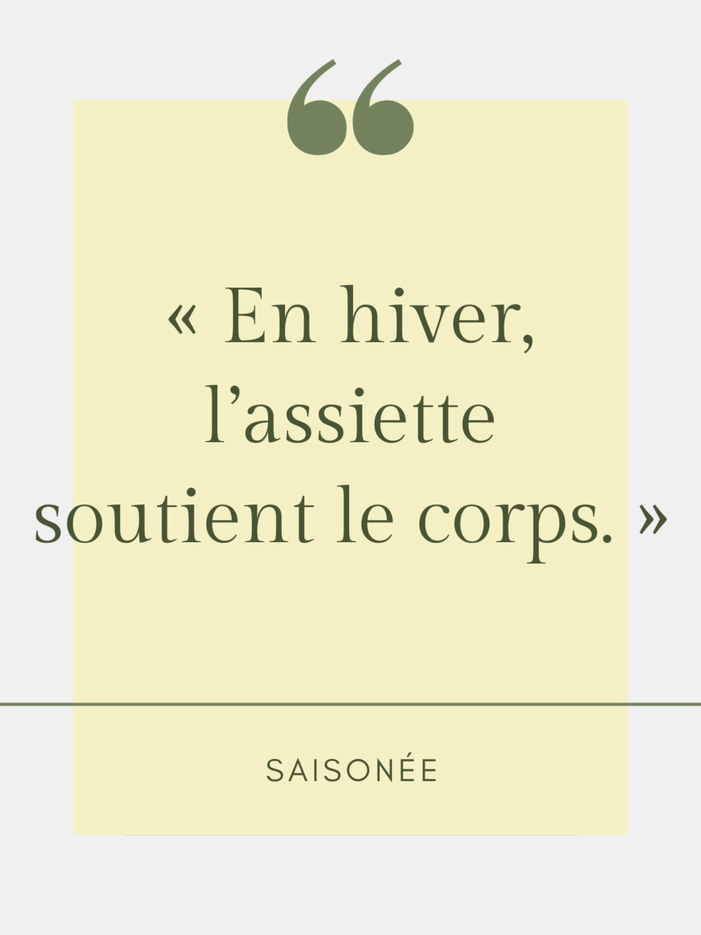 « En hiver, l’assiette soutient le corps. » Saisonée
En hiver, le corps a besoin d’énergie et de chaleur. ❄️
Plats réconfortants, légumes de saison, légumineuses et céréales d’hiver : chaque aliment compte.
Manger de saison, c’est nourrir le corps et respecter le rythme de la nature.
#saisonnalité #bienmanger #produitsdesaison #hiver #nutrition