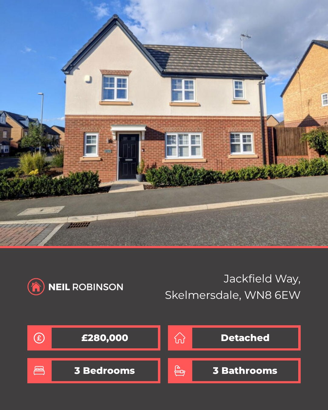 ✨ Featured Property For Sale ✨
📍 Jackfield Way, Skelmersdale, WN8 6EW
🏠 3 Bedroom, Detached. Offers in Region of £280,000
Beautifully presented three bedroom detached family home available for sale in the highly desirable residential area of Jackfield Way situated in Ashurst, Skelmersdale.
◾ Desirable Residential Estate
◾ Detached Family Home
◾ Modern Fitted Kitchen & Dining Area
◾ Downstairs WC & Utility Room
◾ Three Bedrooms
◾ En-Suite Bathroom
◾ Corner Plot Position
◾ Surrounding Gardens
◾ Spacious Driveway
◾ Viewings Highly Recommended!
For more information please visit our website or contact us via:
📍 | Skelmersdale Office
📞 | 01695 355110
🌎 | www.neilrobinson.co.uk