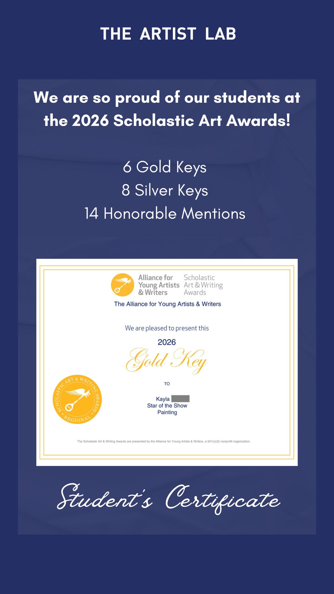 We are beyond proud of our students at the 2026 Scholastic Art Awards! 🎉 Amazing achievements from an amazing group of artists, and it is so exciting to share their certificates!
✨ 6 Gold Keys | ✨ 8 Silver Keys | ✨ 14 Honorable Mentions
#TheArtistLab #ScholasticArtAwards #ArtStudio #ArtStudents #YoungArtists