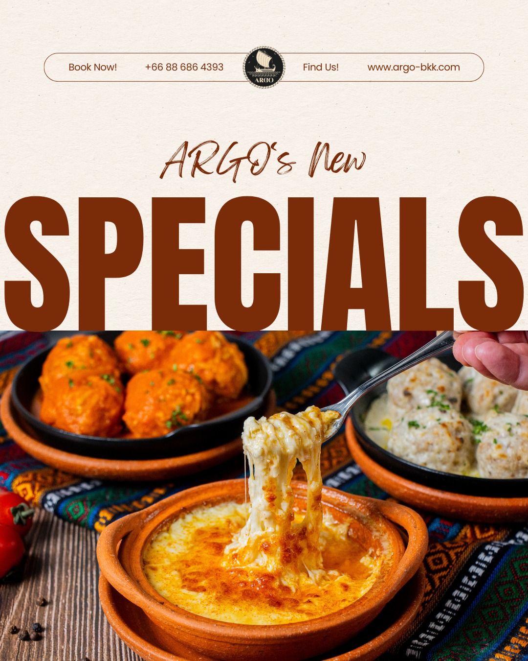 New specials have arrived at ARGO Georgian Bar & Grill Bangkok 🇬🇪
From the smoky warmth of Tzitzaka Nigzvit with crushed walnuts and pomegranate, to delicate Gori Tzivad, slow-roasted and served with matzoni adjica… from rich Angus Tavaduri in red wine sauce to bubbling Lazuri Tava with suluguni and adjika… and our comforting Porcupine Meatballs, now in both tomato and creamy chicken versions - this menu is made for long tables and slow evenings!
If you’ve been searching for authentic Georgian food in Bangkok, this is your moment!
📍 ARGO, Sukhumvit Soi 8 | 📞 +66 88 686 4393
Reserve your table and discover the new favorites!
#ARGOBKK #GeorgianFoodBangkok #BangkokRestaurants #SukhumvitEats #อาหารจอร์เจีย