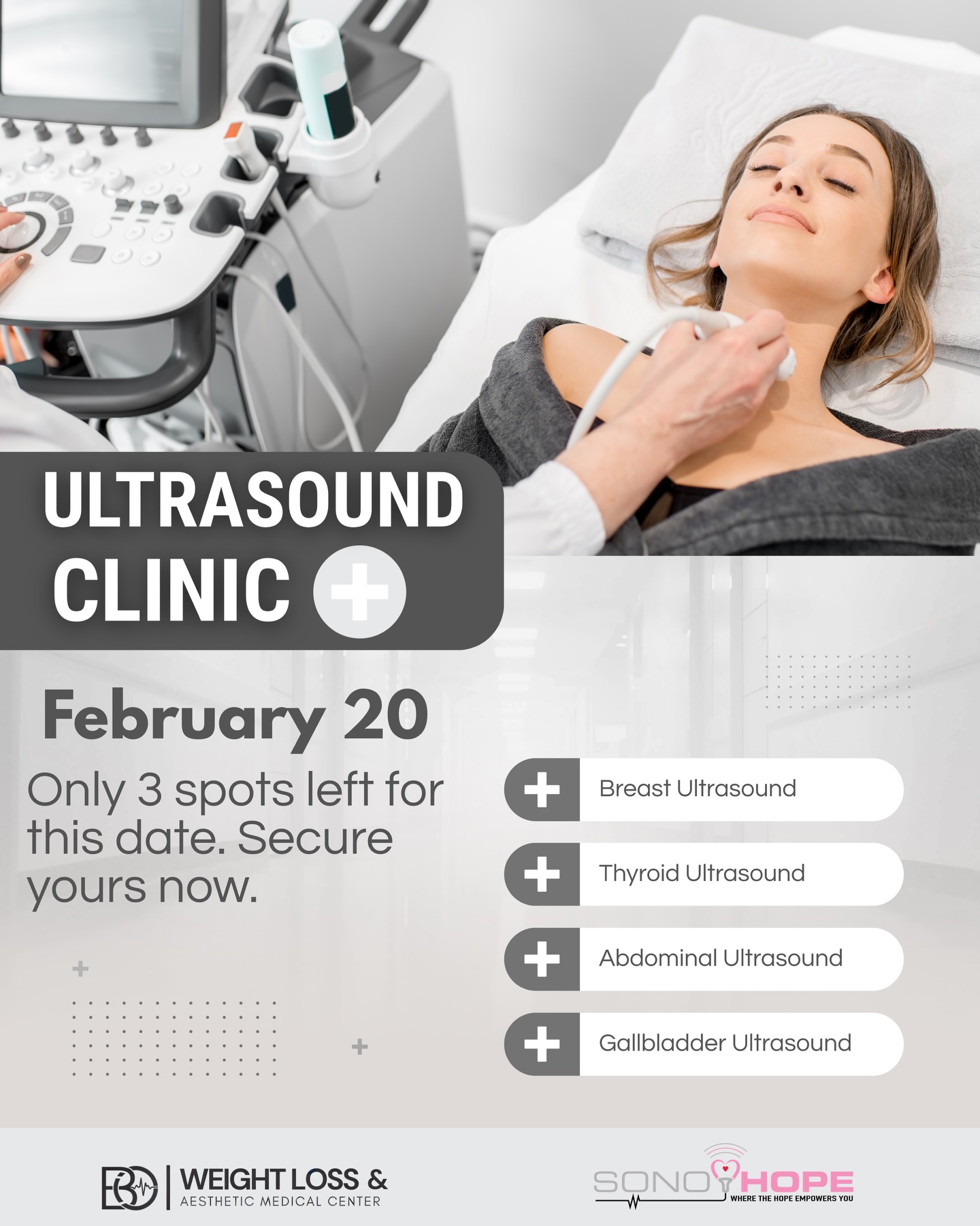 Only 3 spots available — Sonogram Event on February 20
BOmedicalcenter is honored to partner with Sono Hope to offer a special Sonogram Day on February 20, bringing accessible, professional imaging services to our community.
This collaboration reflects our shared mission of making preventive care more accessible. Sonograms are safe, non-invasive, and essential tools for early detection and health monitoring.
No health insurance required.
⚠️ Only three spots available
✔ In partnership with Sono Hope
✔ No insurance required
✔ Professional, private medical environment
✔ Focused on prevention and early detection
Together with Sono Hope, we are committed to expanding access to quality healthcare and empowering you to take control of your health.
Reserve your appointment today.
📍 BOmedicalcenter – Jacksonville, Florida
📞 904-467-4431
BOmedicalcenter — Inspire Change