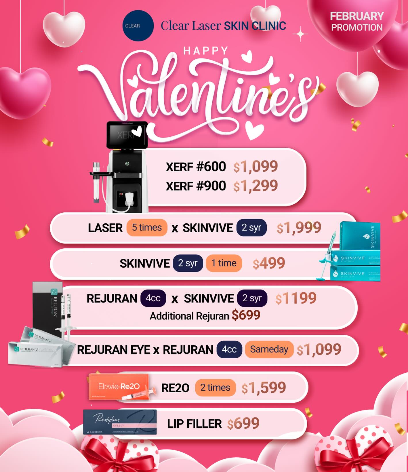 Love your skin this Valentine’s 💖
February-only specials designed to make you glow — inside and out.
❣️Book your treatment now and treat yourself (or someone you love).
🚨Valid 6 months only💕✨
#ClearLaserSkinClinic #ValentinesSpecial #SelfLove #SkinCare #glowingskin