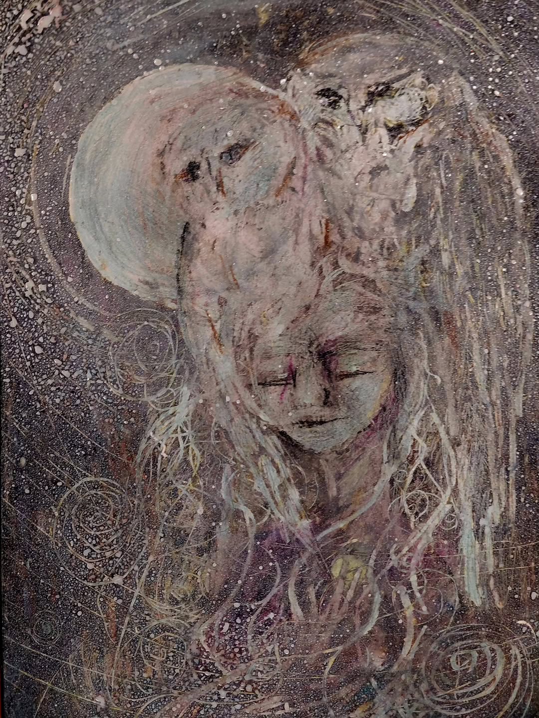 Sgraffito piece, untitled...Valentine's Day vibes: owls on her head are low-key trying to find love across bird clans. Oil pastel, alcohol ink, spray mica on repurposed matting board. ❤️🦉❤️
#sgraffito #oilpastels #upcycle #susanseddonboulettribute #anothervalentinesdaypost #art #experiment #arttechnique #artpractise