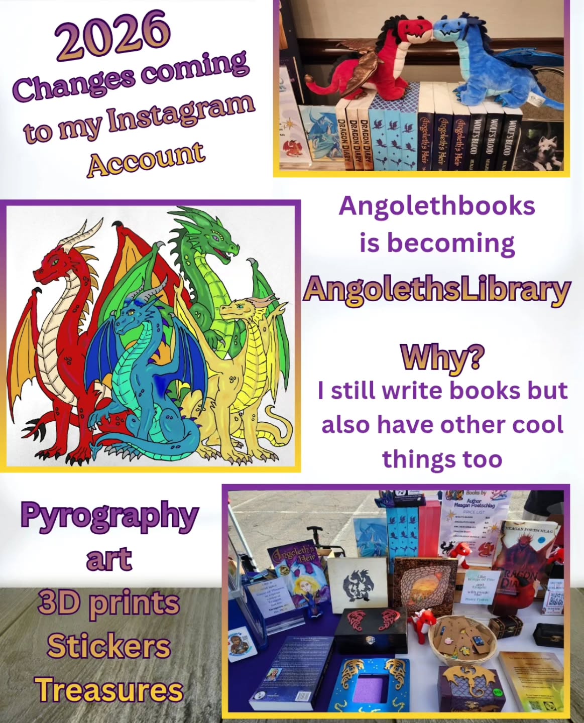 Its a new year and its time to do a little makeover on my social accounts. I still love all things fantasy books and dragons. However, I have evolved over the years and realize that there are also other things I enjoy creating and consuming.
So, my account name is going to change to reflect ALL of my interests and my buisness going forward. My fantasy books will now share this space with my (and my husband's) creations of pyrography, art, 3d prints, painted books, and more.
Angolethbooks will soon change to AngolethsLibrary because, well, Libraries have all the best things to find 😉 including books.
#changes #indieauthor #smallbusinessowner #angolethslibrary