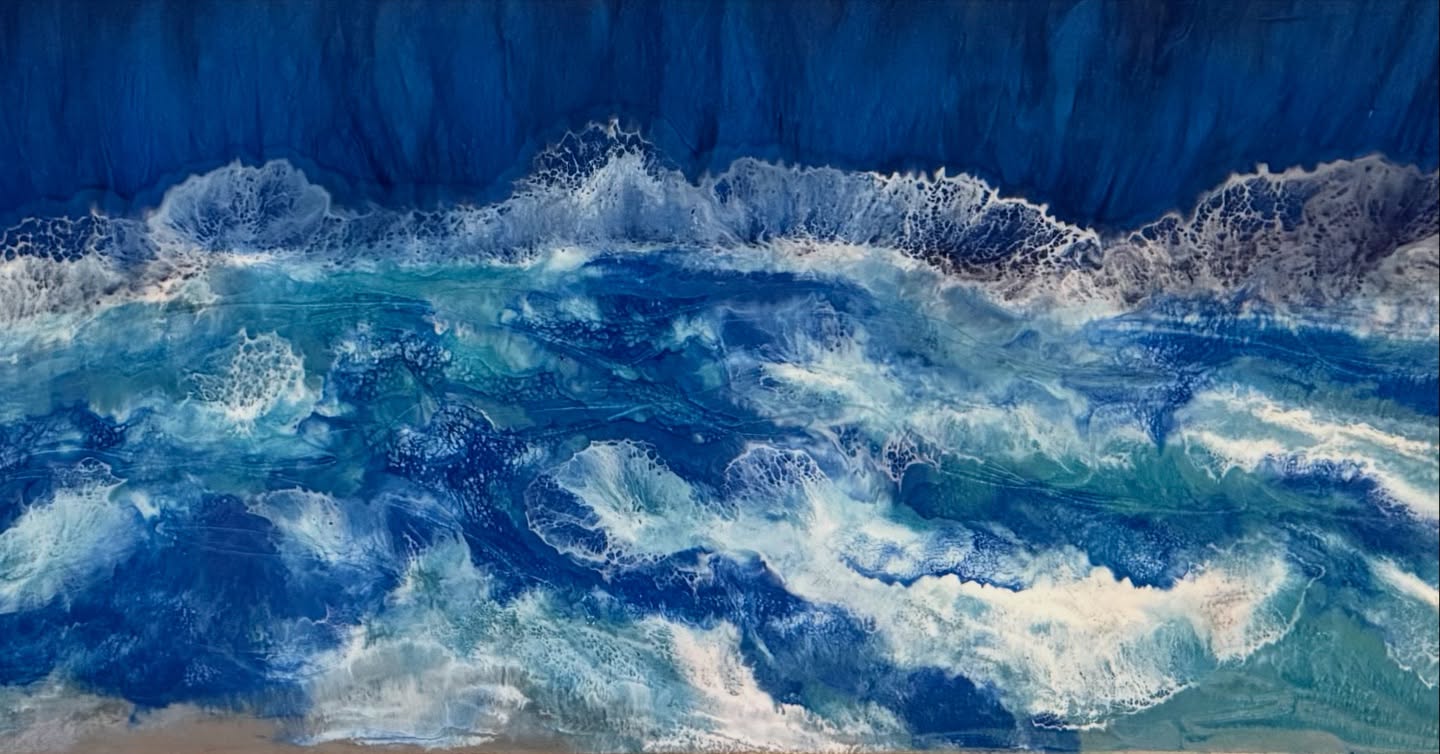 I made this piece with a friend in mind to celebrate buying his first home! Happy Housewarming Gale! 16x40, Acrylic & resin on canvas. @justinegiorart