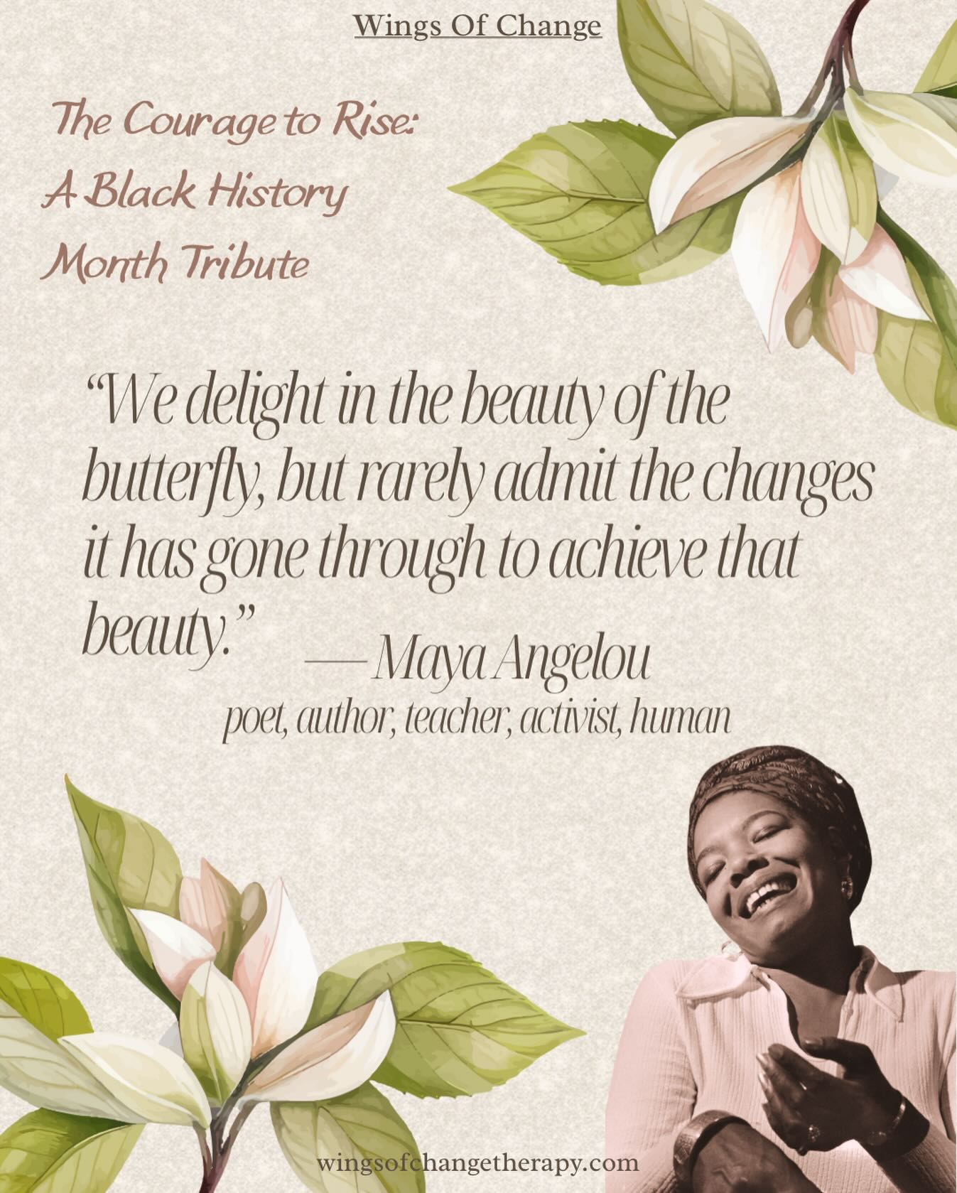 Honor of Maya Angelou | Black History Month
Maya Angelou was a poet, memoirist, civil rights activist, and cultural historian whose words documented the Black American experience with truth, courage, and grace. Through her storytelling, she transformed personal and collective pain into language that affirmed dignity, resilience, and belonging.
Angelouās work taught us that survival is not silentāthat voice is a form of liberation, and joy can coexist with struggle. Her writings continue to educate generations on the importance of self-worth, community, and justice in shaping a more equitable future.
The future of Black America is rooted in justice, sustained by community, and carried forward by hopeāwhere healing, dignity, and possibility are not privileges, but rights.
This vision lives within Maya Angelouās legacyāguiding us toward a future where truth is honored, equality is pursued, and every voice has the freedom to rise.
To explore care rooted in compassion, cultural humility, and respect for lived experience, we welcome you to explore our website, where you can learn more about each of our therapists and the thoughtful, healing work they offer within our community.
š (760) 587-3075
š§ Dakota@wingsofchangetherapy.com
#mayaangelou #blackhistorymonth #blackvoices #wingsofchange #fyp