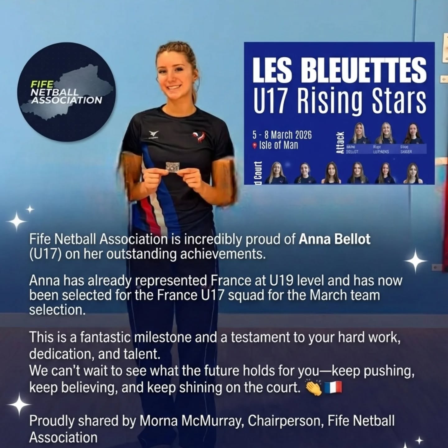 🌟 Congratulations Anna Bellot! 🌟
Fife Netball Association is incredibly proud of Anna Bellot (U17) on her outstanding achievements. Anna has already represented France at U19 level and has now been selected for the France U17 squad for the March team selection.
This is a fantastic milestone and a testament to your hard work, dedication, and talent. We can’t wait to see what the future holds for you—keep pushing, keep believing, and keep shining on the court.
👏🇫🇷
Proudly shared by
Morna McMurray
Chairperson,
Fife Netball Association
#FifeNetball #ProudMoment #FutureStar #NetballPathway #U17 U19 InternationalNetball