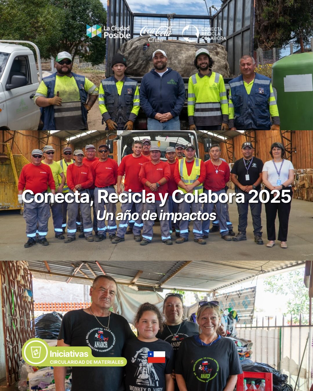 Encuentro Programa Conecta, Recicla y Colabora 2025 ♻️
En 2025, Conecta, Recicla y Colabora fortaleció la gestión de residuos a escala país, acompañando técnicamente y con equipamiento a recicladores de base, gestores y municipios en 11 regiones de Chile.
El programa impulsó procesos de formación y asesoría técnica especializada que permitieron fortalecer capacidades comerciales, operativas, administrativas y ambientales. Los primeros resultados muestran incrementos de hasta un 30% en la recuperación de material reciclable, junto a mejoras en productividad, nuevos puntos de recolección y mayor proyección económica de las organizaciones participantes. 📈
Conecta, Recicla y Colabora es una iniciativa desarrollada por La Ciudad Posible con el apoyo de Coca-Cola Chile. Felicitamos a quienes finalizaron este exitoso proceso. 👏🏼