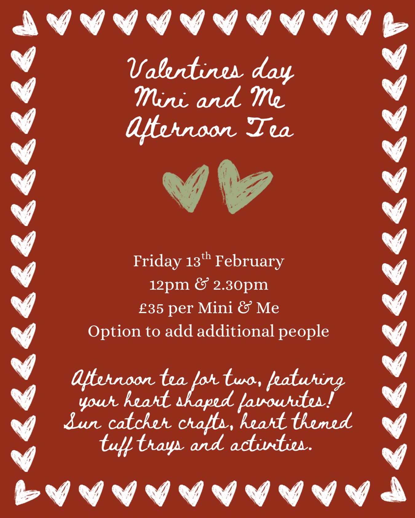 Less than a week to go until our Valentine’s Mini & Me Afternoon Tea 💗
A lovely afternoon filled with good food, crafts and special moments for you and your little one.
Enjoy homemade treats, creative activities and a beautifully decorated space to celebrate together.
Spaces are limited, so don’t miss out:
Book your tickets here - https://shop.beyonk.com/5azku1e7/experiences/4nvmcyjj or use the link in bio!