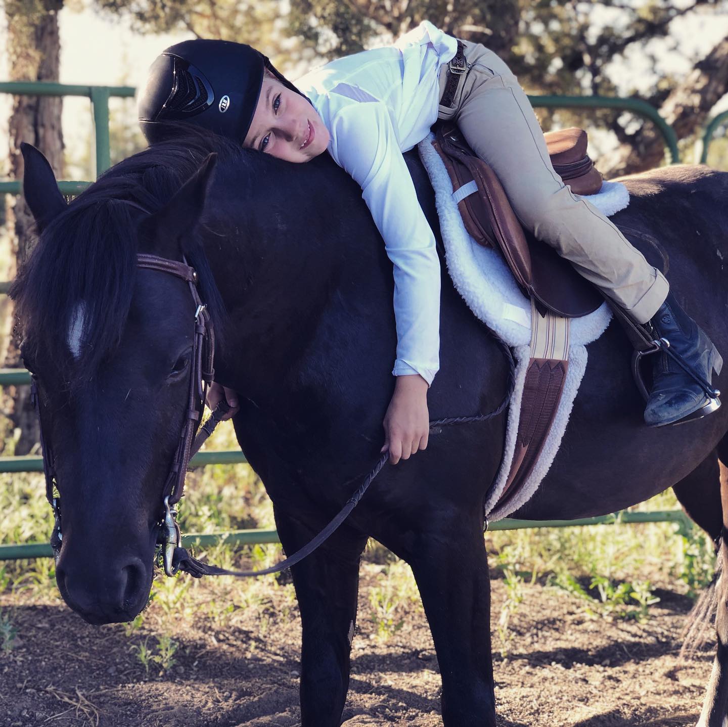 Hug a horse today 💛 3-year-old Indy and 7-year-old Quinlyn. #ponypros #ponyprospect #smallpony #greenpony #hunterpony #ponyhunter #hugahorse #blackhorse #blackpony #littleequestrian #englishrider #shortstirrup