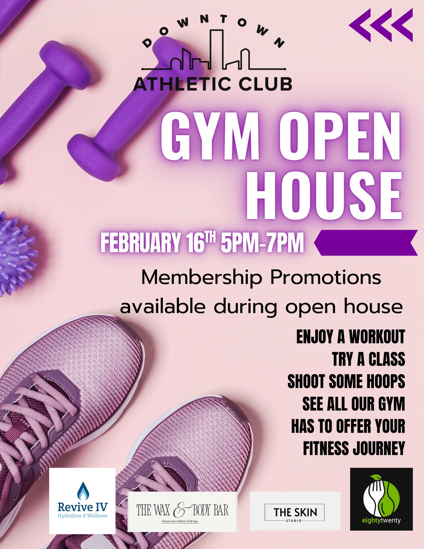 We’re opening our doors! 🏋️♂️
Join us February 16th from 5–7PM for our Open House! Come get a workout in, try a class, shoot some hoops, and check out everything we have to offer.
Plus — special membership promotions available during the event!
Bring a friend and come see us!