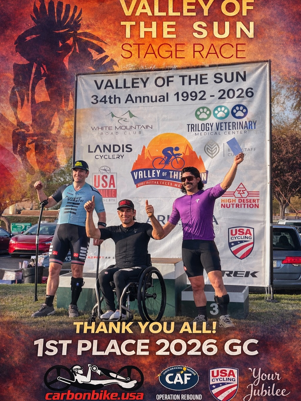 Valley of the Sun Stage Race 2026 — GC Winner 🥇
Three days, three races, and an incredible start to the 2026 season. I’m proud to come away with 1st place overall in the ParaCycling GC here at the Valley of the Sun Stage Race.
Huge respect and thanks to all the paracyclists who came out to race. It means a lot to share the course and competition with such a strong group of athletes.
Thank you to the Valley of the Sun Stage Race organizers for including ParaCycling and giving us a place in this historic event. And thank you to everyone who came out to support, cheer, and make this weekend special.
Big appreciation to the people and organizations that help make this journey possible:
Carbonbike USA
CAF Operation Rebound
USA Cycling
Your Jubilee
Season is officially underway. Let’s keep building. 🇺🇸