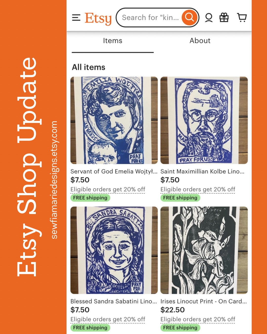 My Etsy Shop (sewfiamariedesigns.etsy.com) is updated with some new listings :)
I added one of my favorite prints I’ve made too to the shop, it’s of Irises. I made it a while back as a series of three floral prints (the first of the series was of blue flax flowers that I made for my friend during roughly a four or five hour long phone call we had from me drawing it to carving to printing it during the call, so I tried sticking with blue-ish flowers for the rest of the series and got this print of irises from that endeavor). I think the irises print turned out the best and it reminds me of my grandparents house from growing up since they had the prettiest purple irises that also had a little yellow in them too. Besides the nostalgia, it just ended up being a beautiful linocut print.
I mostly just carve the Saints/Blesseds etc… but I love flowers too so maybe I’ll add a few more to my linocut collection soon. If it is of interest let me know which flowers you’d want to see prints of :)
#linocut #etsy #iris #catholic #art