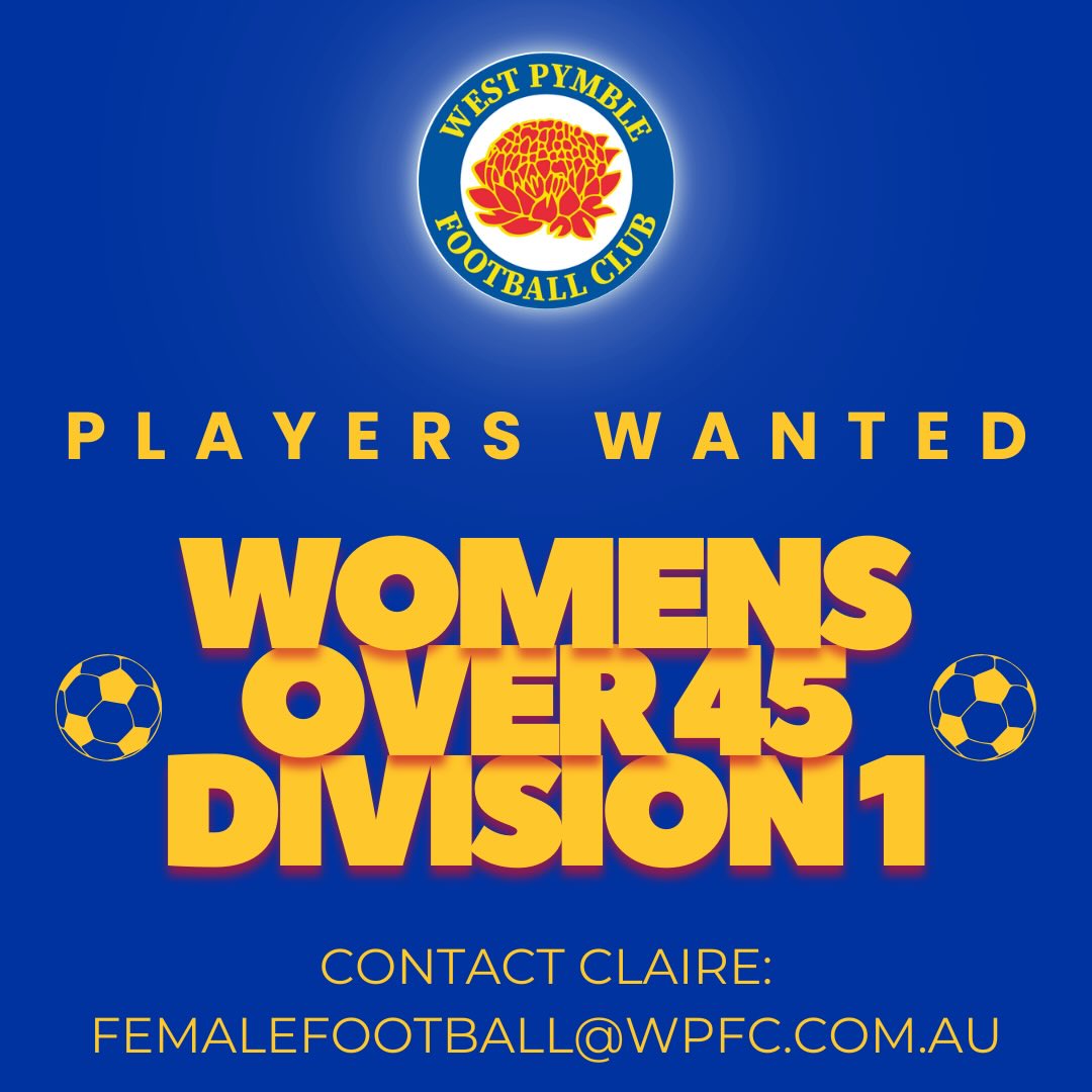 Women’s Over 45s, Division 1, Players Wanted! 💛💙
Are you a woman over 45 looking for a fun way to spend your Sundays? We have just the thing for you!
Our women’s over 45 Div 1 team is looking for experienced players! All positions welcome but especially anyone with experience in defence and goal keeper!
If you are interested email Claire:
Femalefootball@wpfc.com.au