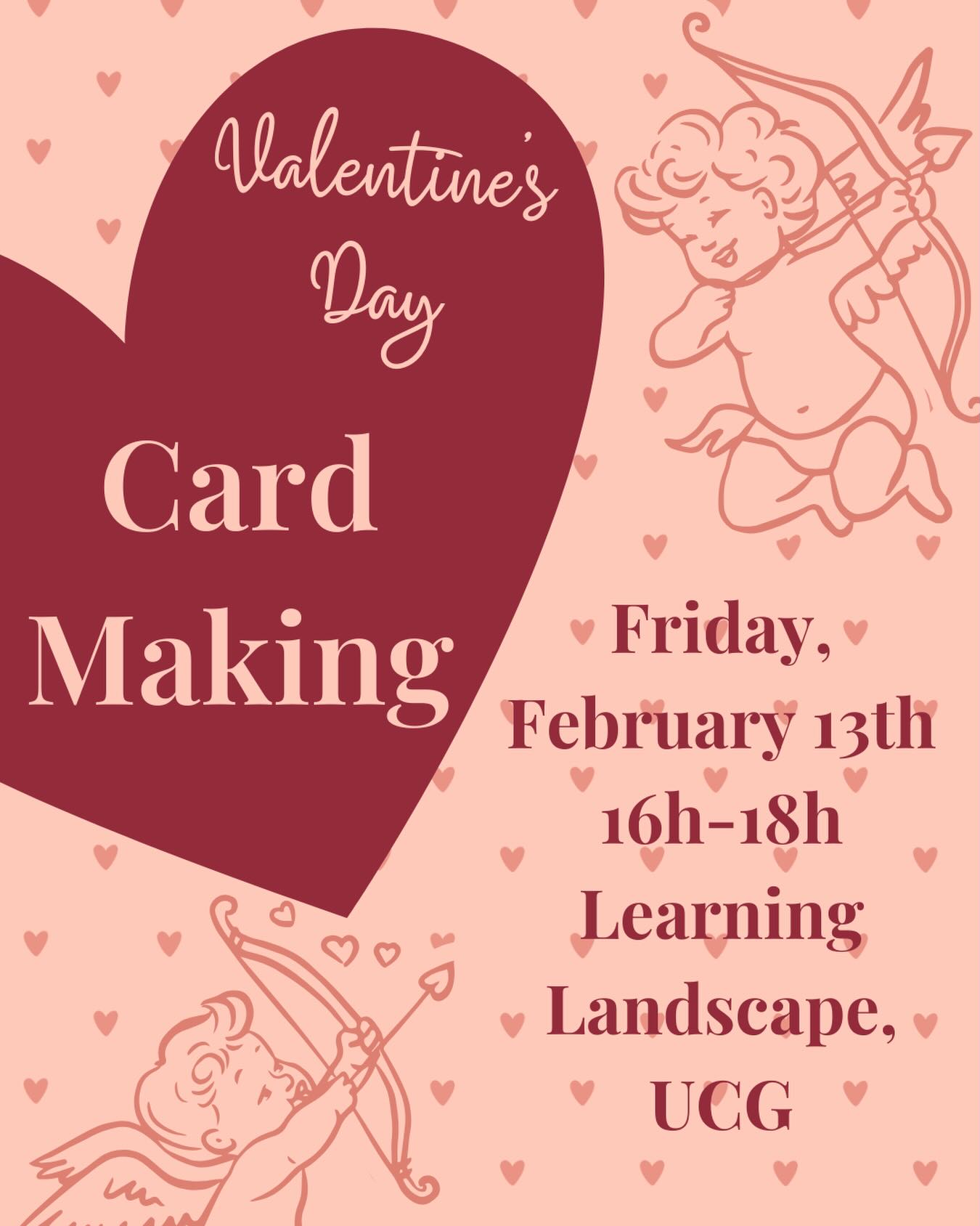 join us on Friday the 13th (😳) to make some beautiful valentine cards! 💘 whether it be for your friend, situationship, or a very special someone, make sure you treat them right with something homemade 🤩
don’t forget, Friday 13th February (16h-18h) in Learning Landscape, UCG! perfect timing for valentine’s day! 🥹
there will be supplies available but you are welcome to bring any other crafty thing you’d like 🎨🧑🎨