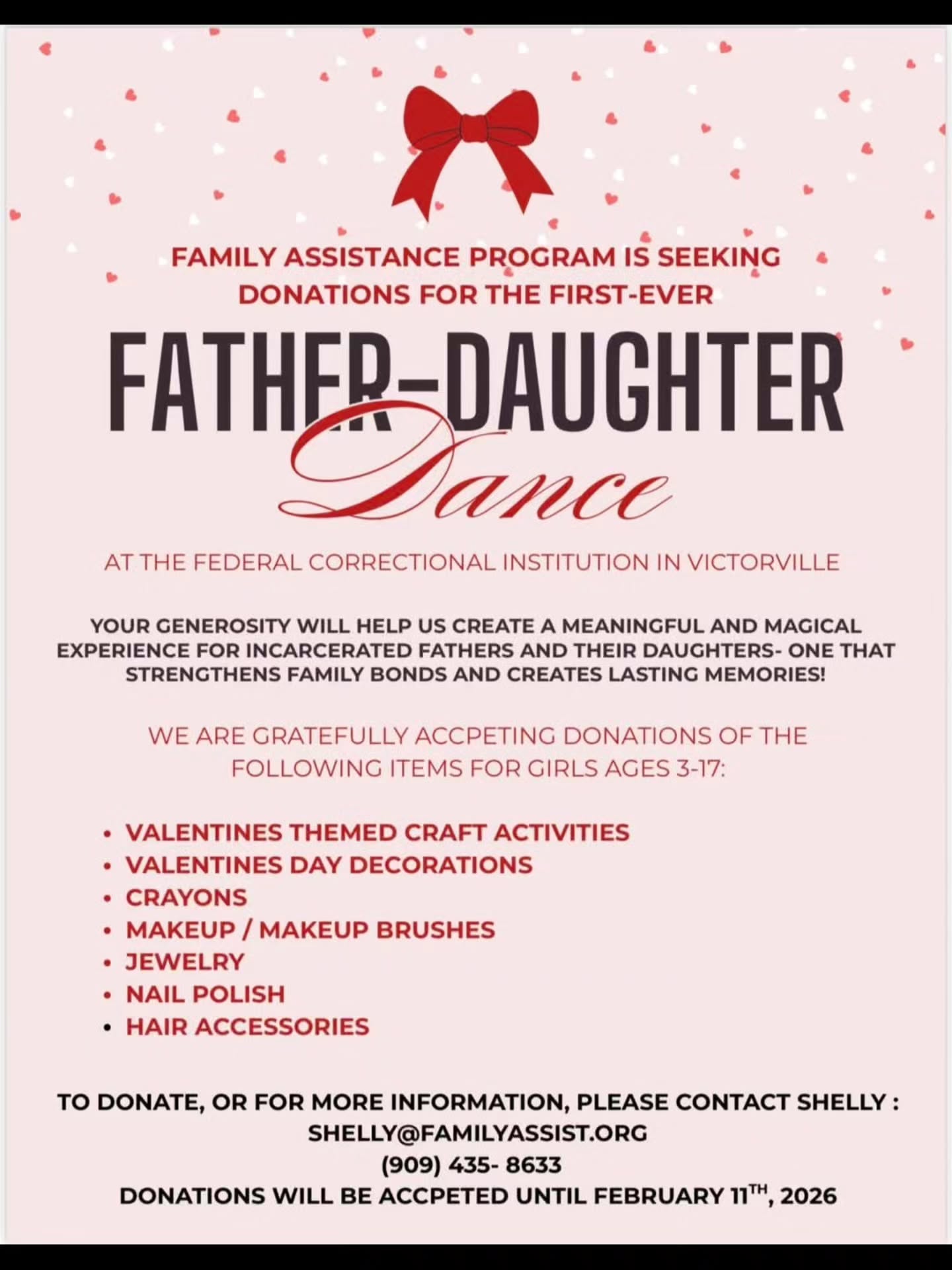 So grateful for the opportunity to contribute to the first-ever Father–Daughter Dance at FCI Victorville 💗 Thank you to the Family Assistance Program for letting us be a small part of something so powerful. Events like this remind us how important presence, love, and family connection truly are.
Donations are still being accepted! If you’d like to give or get involved, please reach out to them directly.
#BFRGFoundation #MAServices2015 #GivingBack #CommunitySupport #FamilyFirst