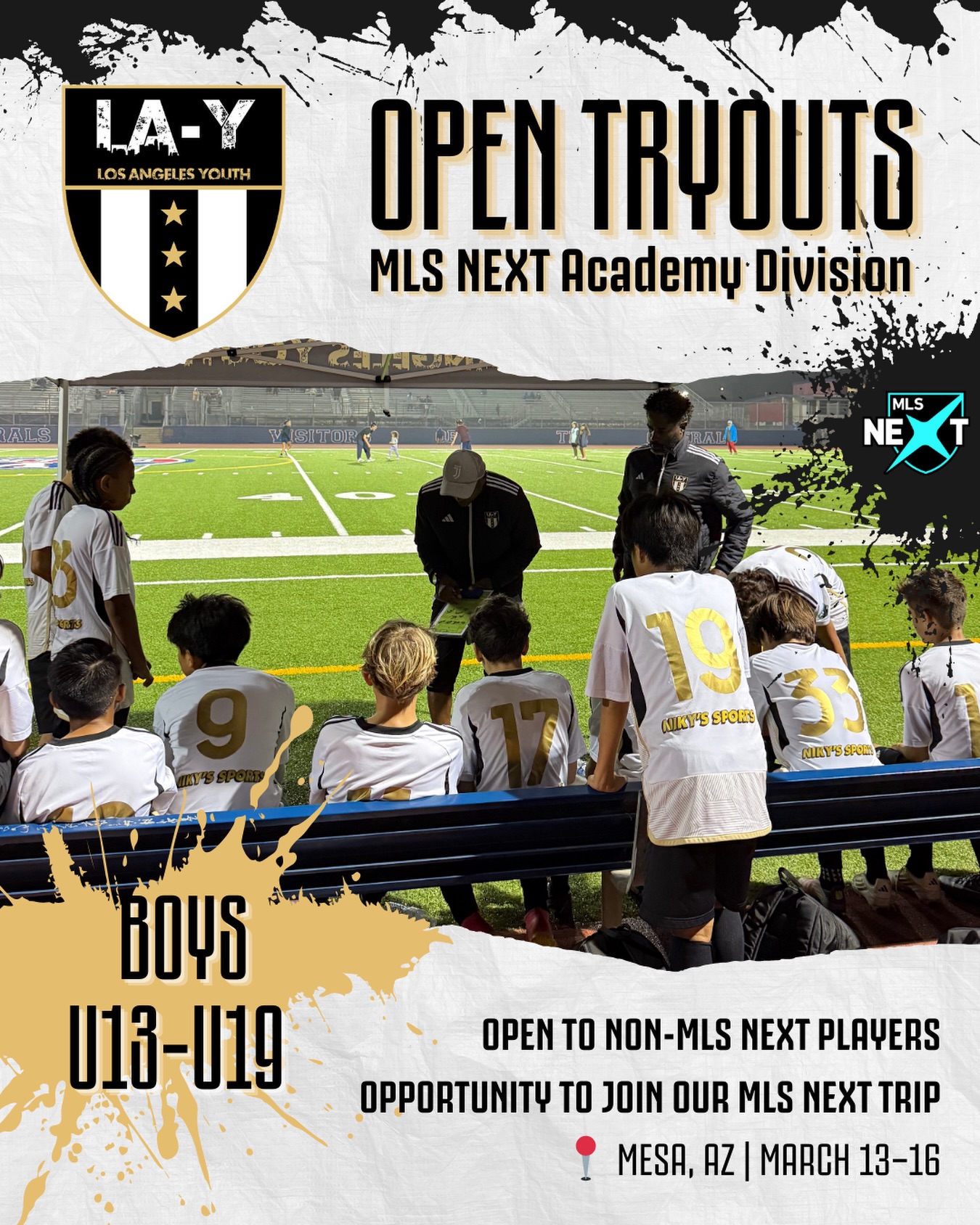 🚨 OPEN TRYOUTS 🚨
LA Youth | MLS NEXT Academy Division
We are opening our doors to the next generation of competitors.
This is your chance to be seen, evaluated, and pushed in a true MLS NEXT environment.
⚽ BOYS | U13–U19
✅ Open to non-MLS NEXT players
✈️ Opportunity to be selected for our MLS NEXT trip
📍 Mesa, AZ | March 13–16
If you’re ready to compete at a higher level, this is where your journey continues.
📩 Limited spots available.
Register now and take the next step.
#LAYouth #MLSNEXT #OpenTryouts #PathwayToPro #EliteYouthSoccer